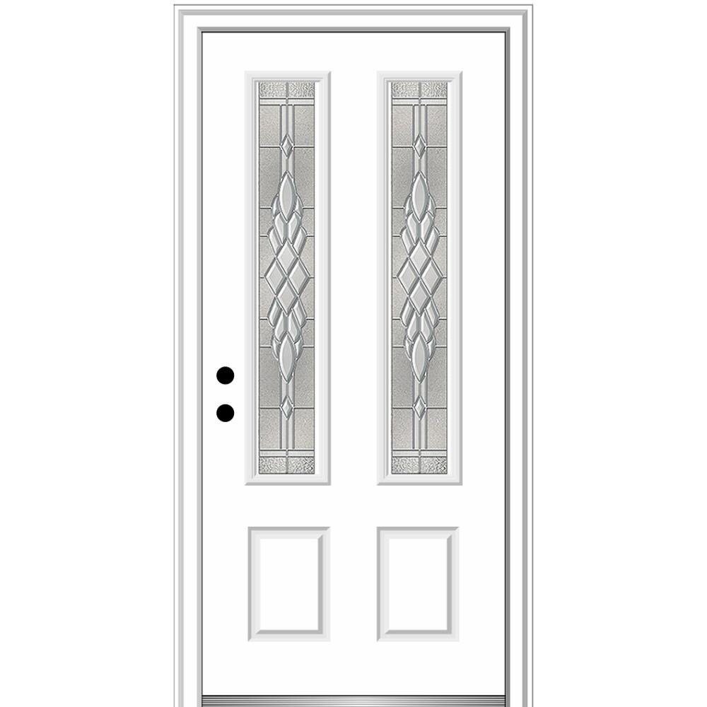 MMI DOOR ZZ3667419R 36-in x 80-in x 6-9/16-in Fiberglass Twin lite Right-hand inswing Brilliant White Painted Prehung Front Door with Brickmould Insulating core