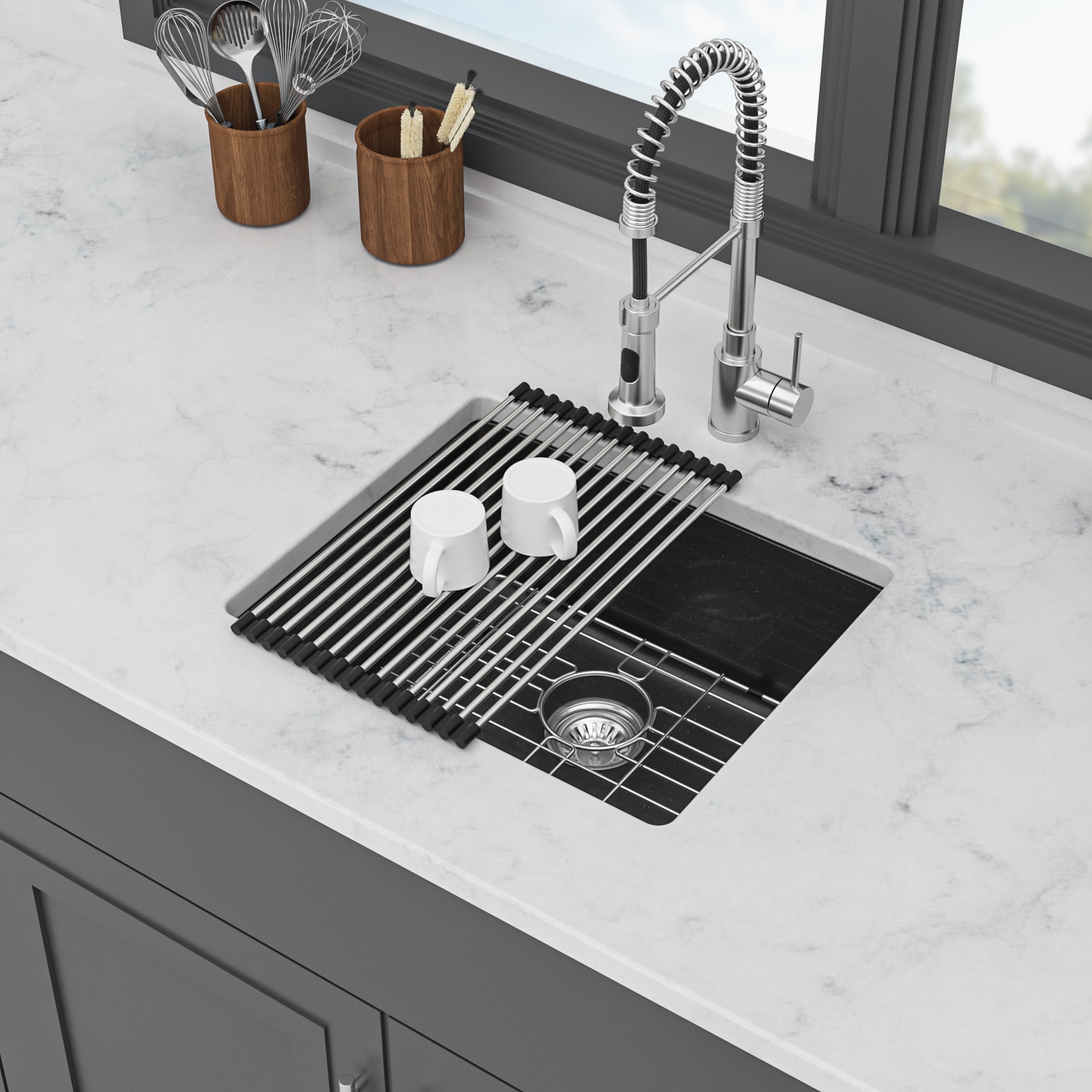 LOVMOR 21-in x 18-in Undermount Quartz Single Bowl Black Kitchen Sink with Drain and Bottom Grid #SF-W-W1243P485997