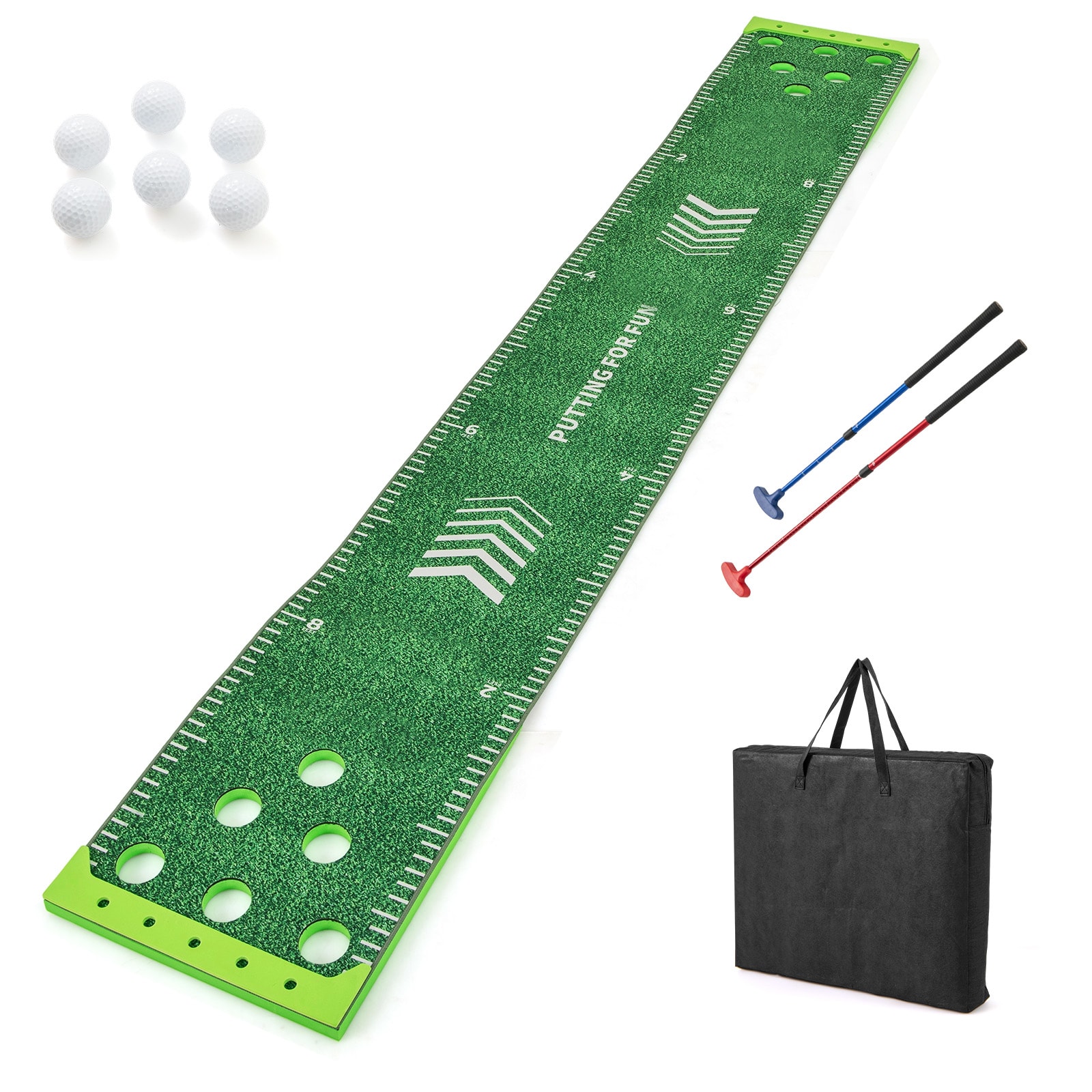 Slickblue Green Complete Putting Game Set with 11 Ft Mat Two Adjustable Putters Six Balls and Carry Bag for Indoor and Outdoor Golf Practice