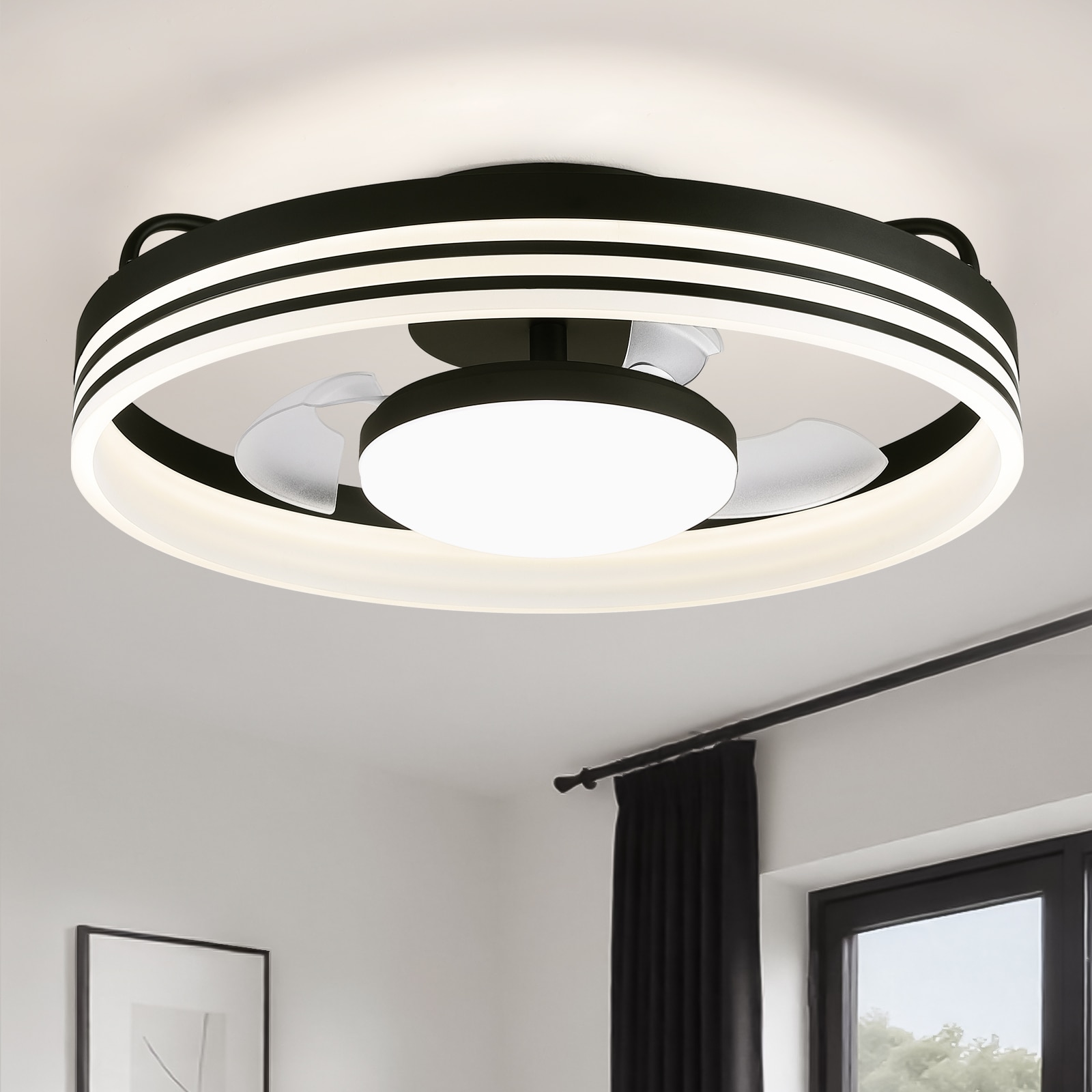 Liwidu  20inch Smart Black Ceiling Fan with Light Flush Mount Ceiling Fan Black Round Dimmable Fandelier with Remote and App Control for Bedroom Living Room