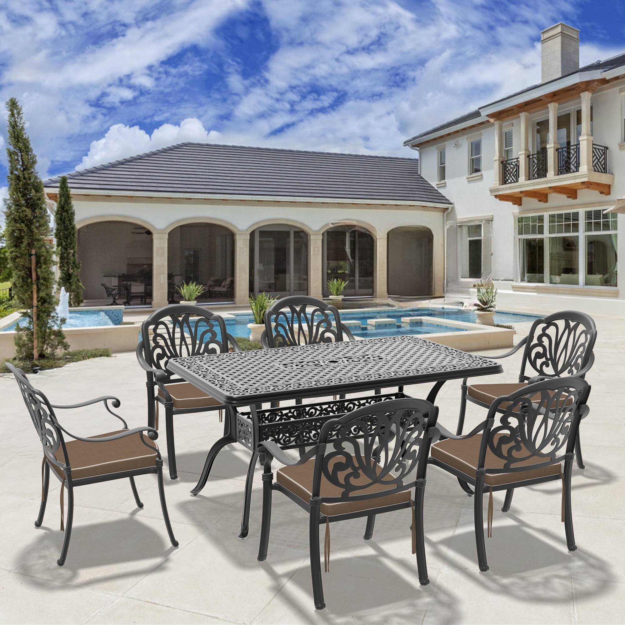 nicesure SLBK6002CZ6A1051RC 7 -Piece Black Patio Dining Set Aluminum Rectangle Table with 6 Cushions Stackable Stationary Chairs