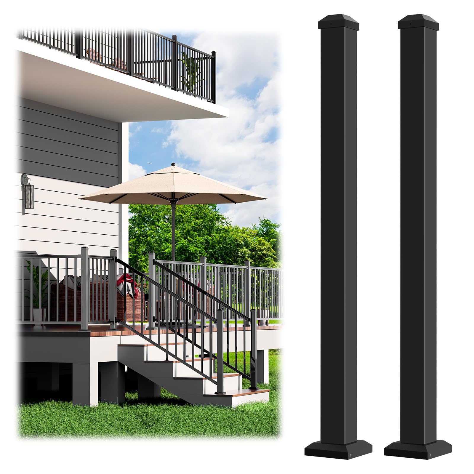 Misopily  Aluminum Railing Post Two Point Five Six in by Two Point Five Six in by Thirty Nine in Textured Black Outdoor Powder Coat Finish for