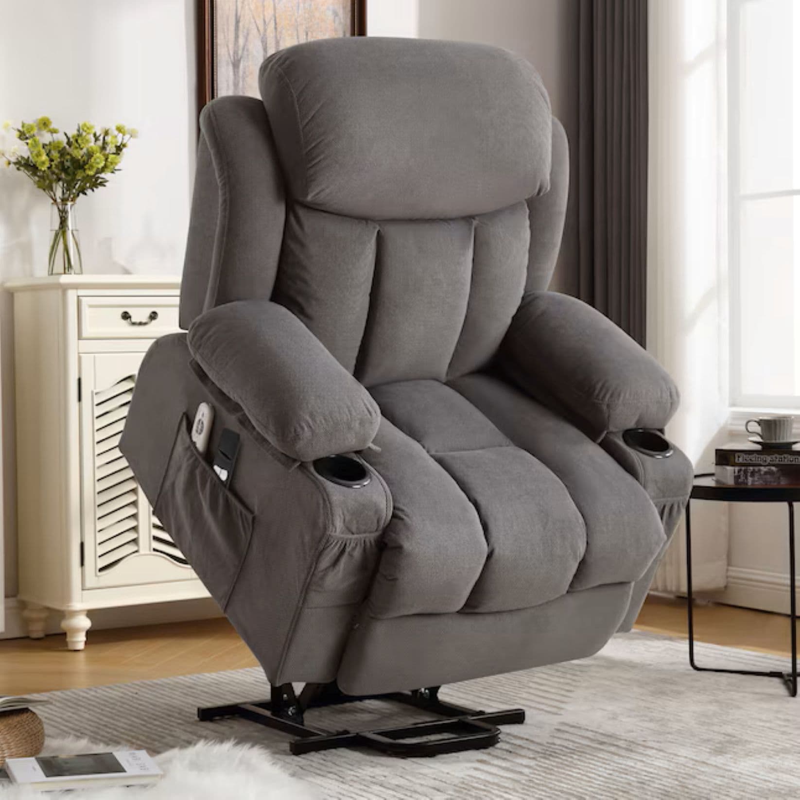 GDFStudio Modern Power Lift Recliner Chair with Heat and Vibration Massage with Side Pocket USB Port Remote Control for Elderly - Grey