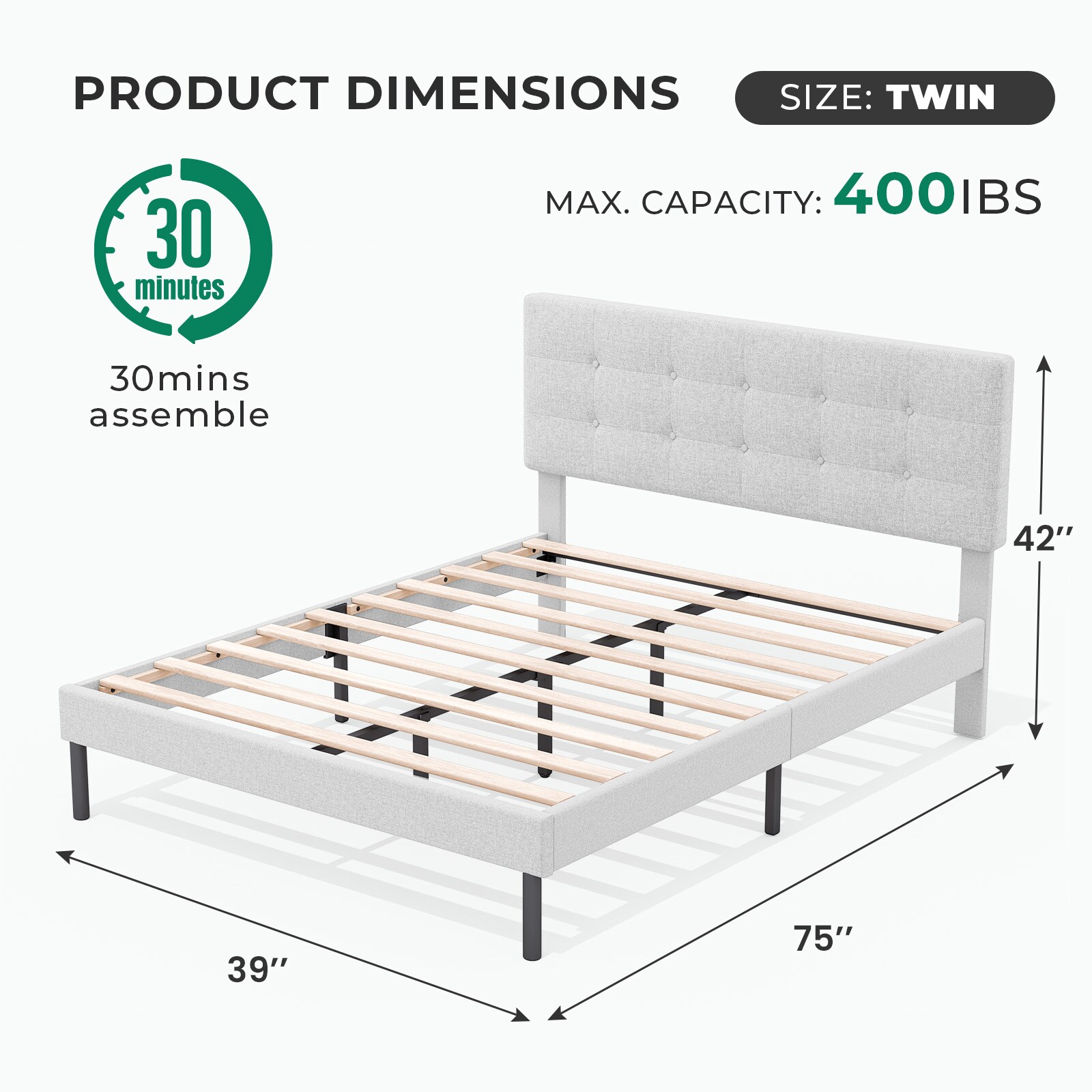 VOUA Bed Frame with Headboard White Twin Wood and metal Bed frame Bed