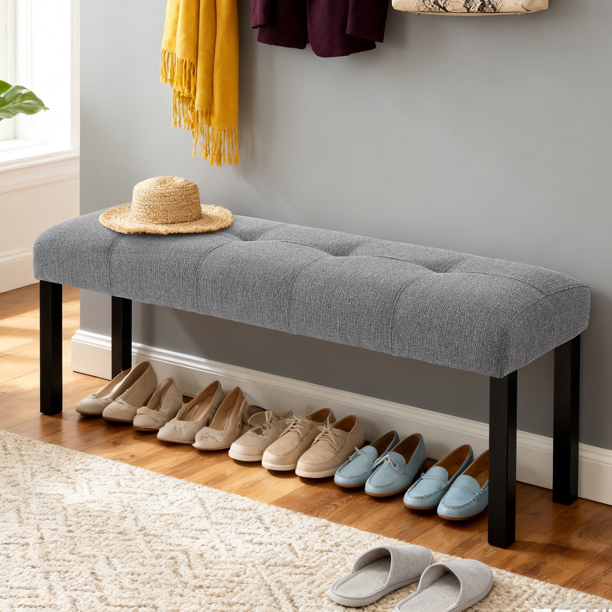GDFStudio Modern 47 in Tufted Linen Upholstered Dining Entryway Bench with Solid Wood Legs Versatile for Kitchen Bedroom Hallway - Gray