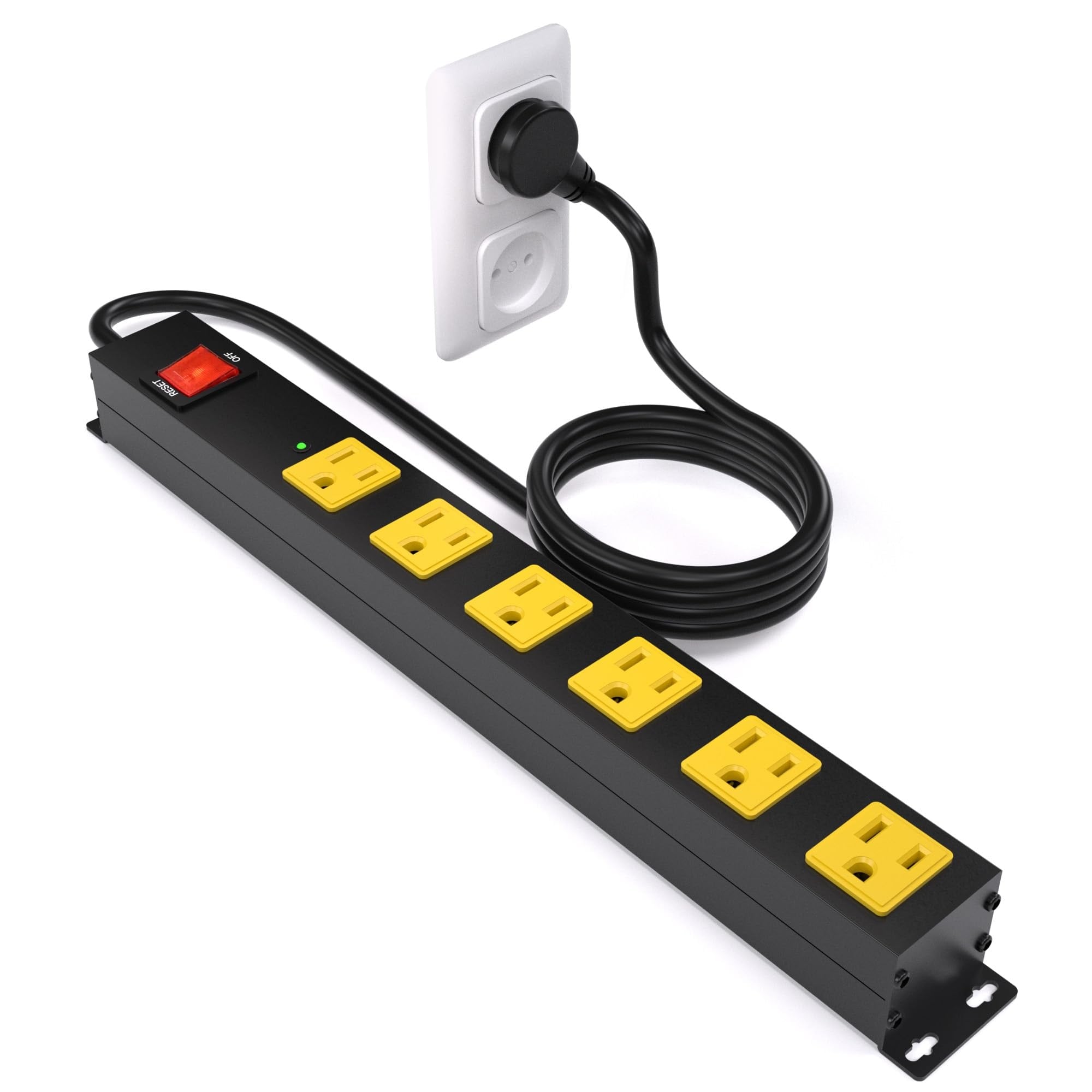 AOIZGMY  Heavy Duty 6 Outlet Metal Power Strip 2700J Surge Protector with 15A Circuit Breaker 6FT Extension Cord Wall Mount Wide Spaced 1 Piece