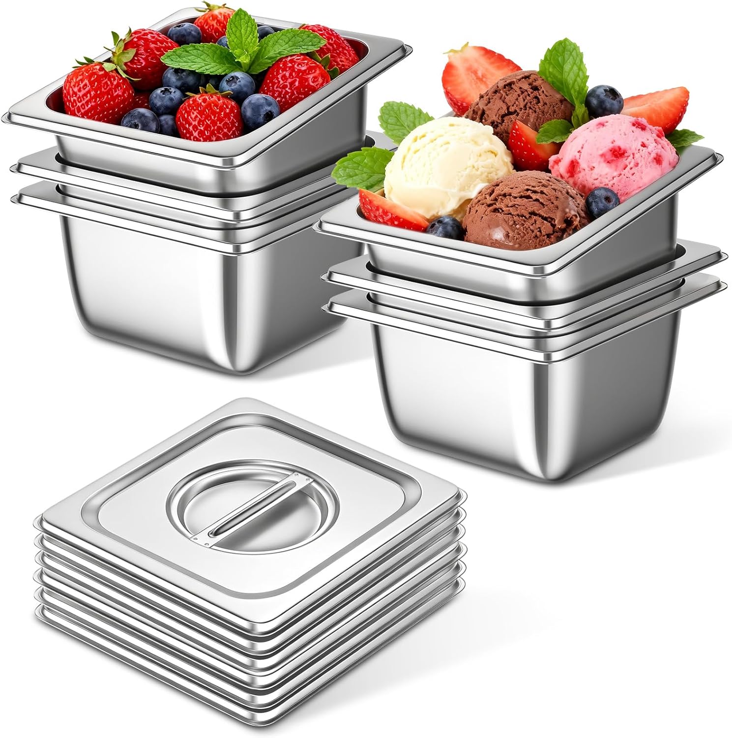 OSTBA 6 Pack Hotel Pans with Lids 6in Deep 2.7QT Stainless Steel Steam Table Buffet Pans
