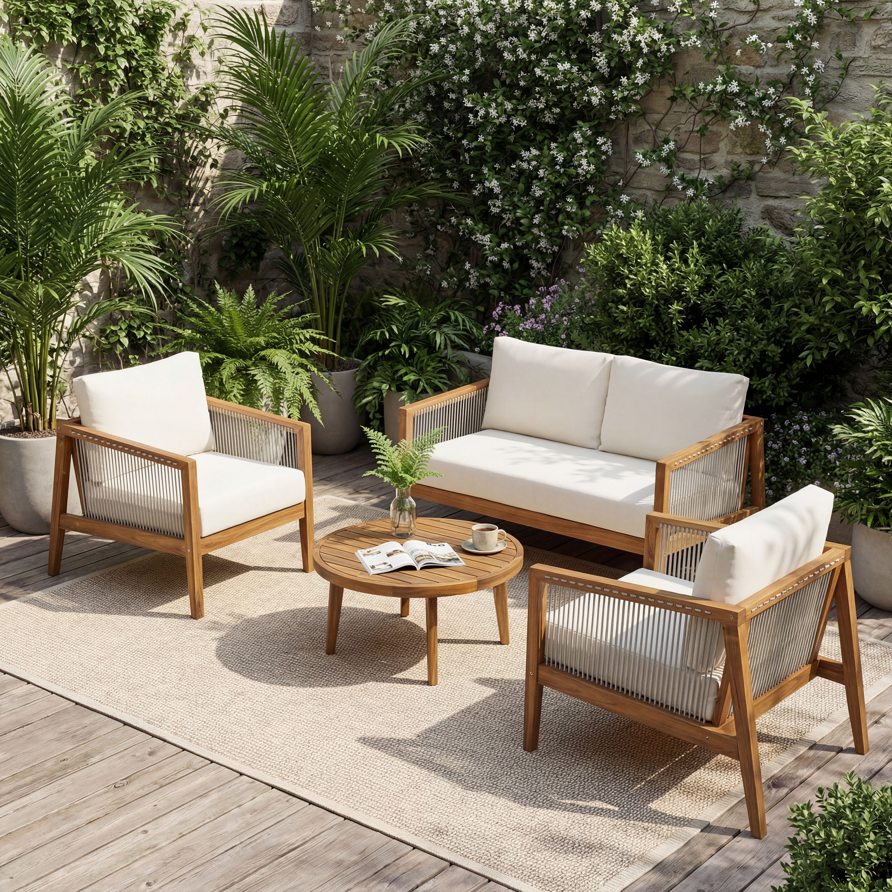 Christopher Knight Home - 4-Piece Acacia Wood Patio Outdoor Conversation Set with Loveseat and Ch...
