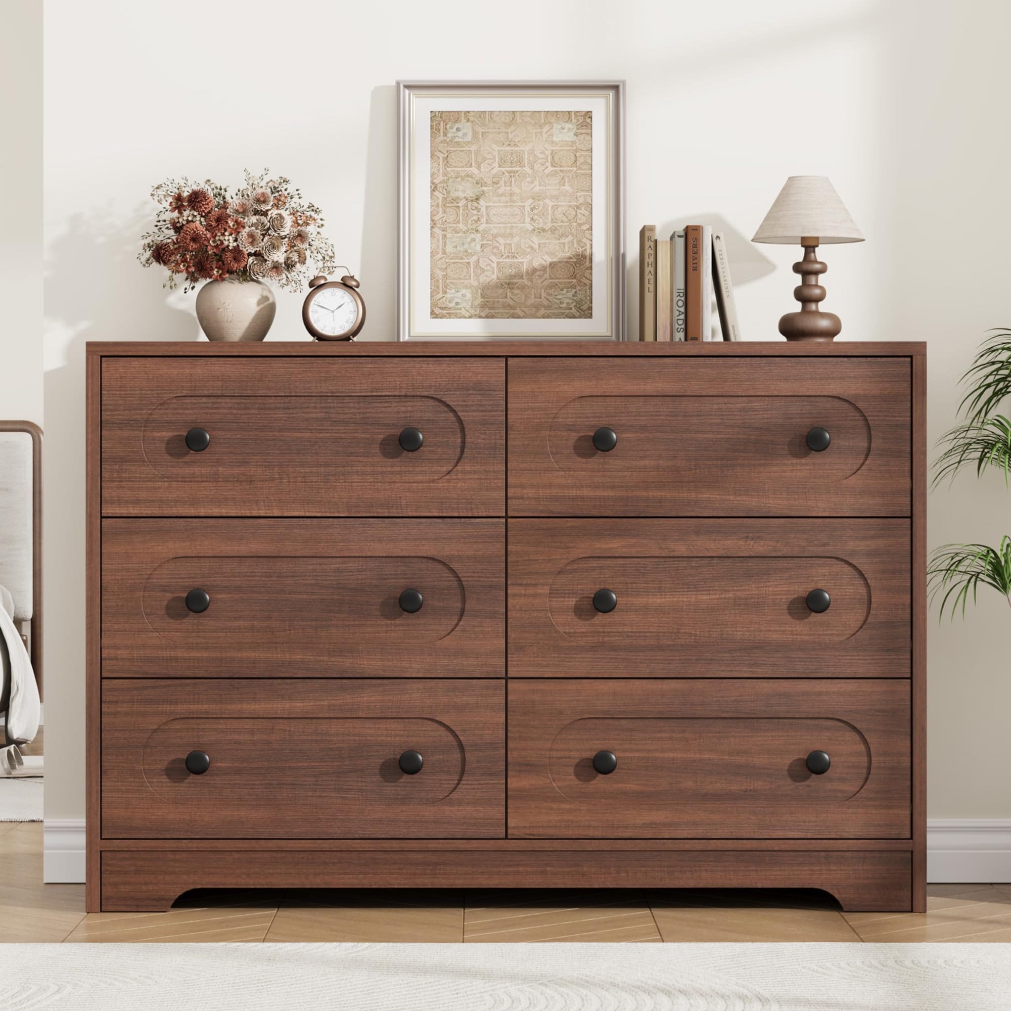 Garvee 47 Inch Wide 6 Drawer Dresser Walnut Mid Century Modern Bedroom Chest with Metal Knobs