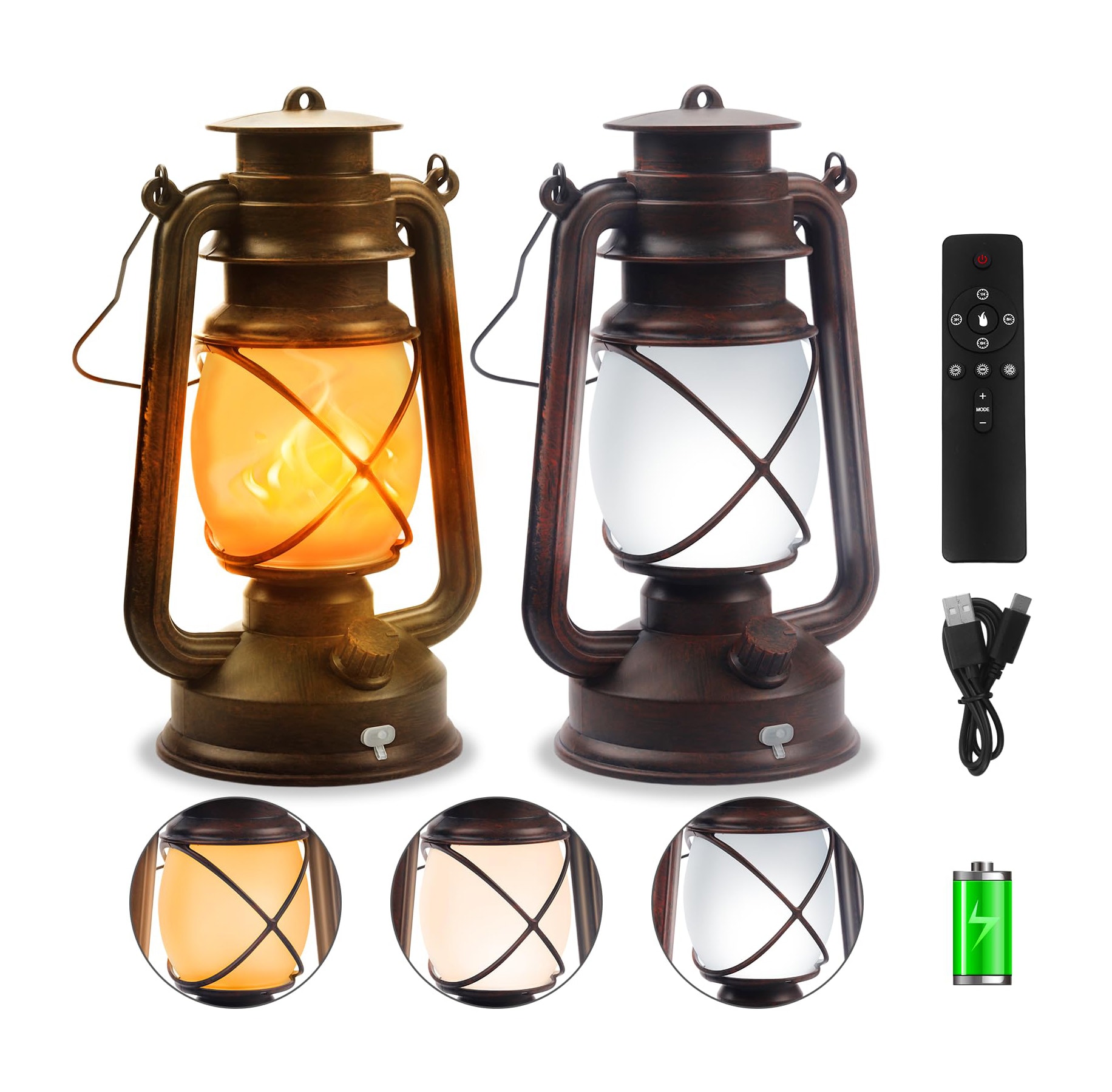 Anqtovp  2 Pack Bronze Vintage LED Lanterns 4 Modes Remote Control Hanging Waterproof Outdoor Indoor Decorative Pathway Patio Camping Light