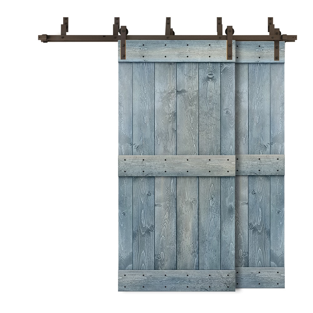 CALHOME 5XBP+S79+(2)03-28L 56-in x 84-in Denim Blue Knotty pine Wood Solid core Double Bypass Barn Door (Hardware Included)