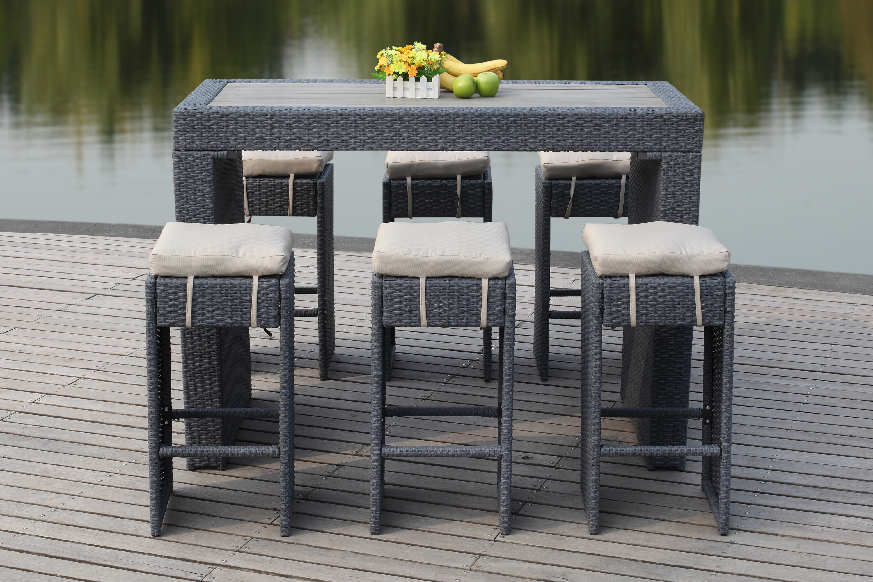 Safavieh PAT2502A Sanders 7 -Piece Titanium Rattan Bar Height Patio Dining Set Plastic Rectangle Table with 6 Off-white Cushions Stationary Chairs
