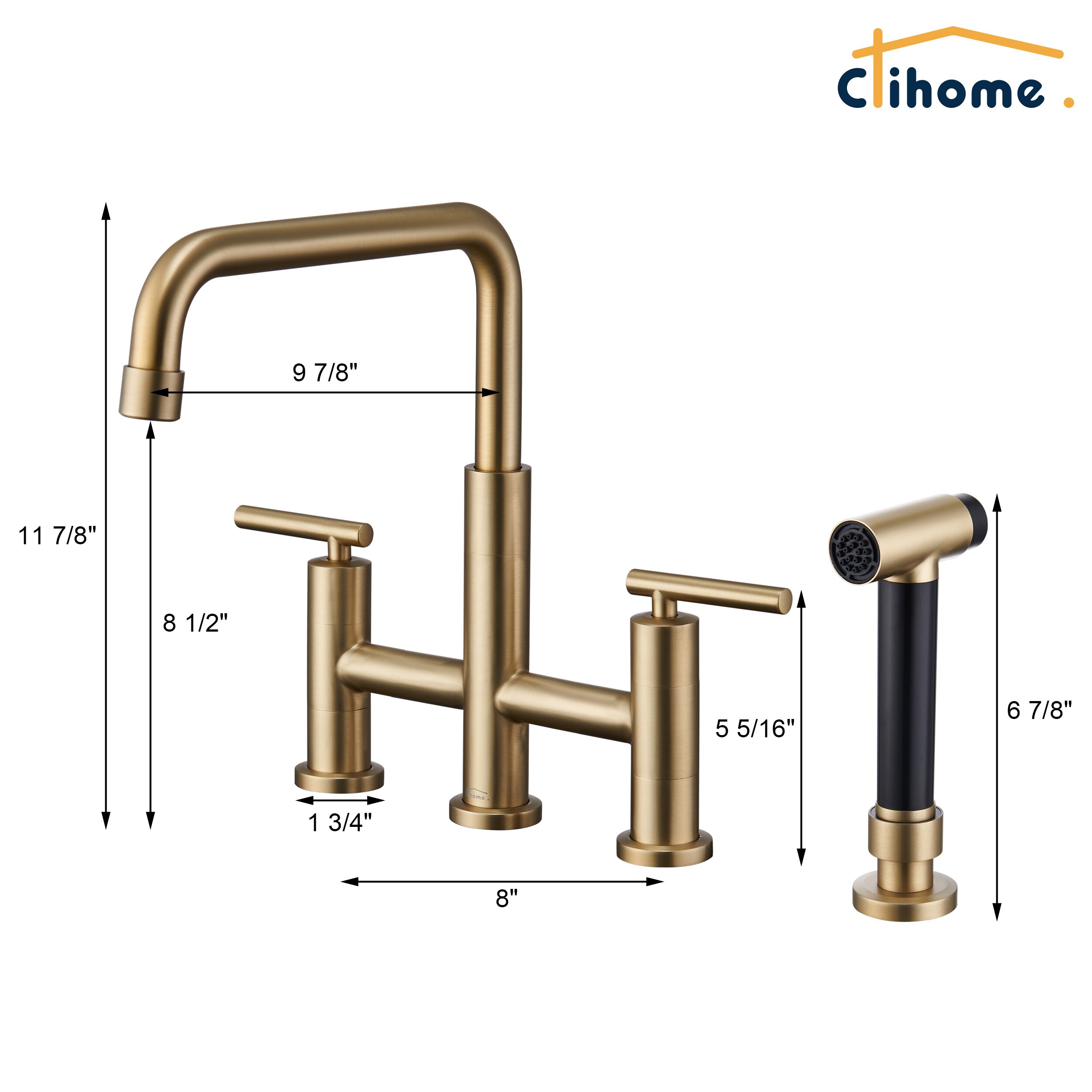 Clihome Kitchen Faucet with Side Spray Brushed Gold Double Handle Bridge Kitchen  Faucet with Side Spray Included in the Kitchen Faucets department at 