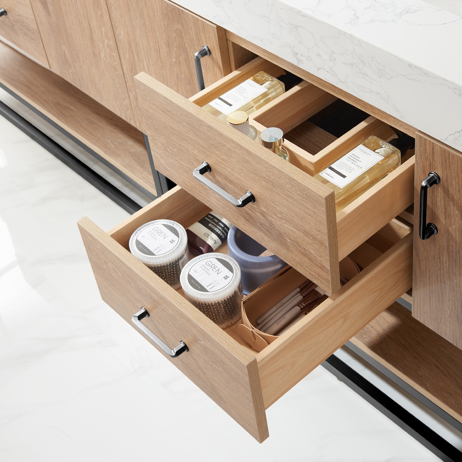 84 Inch Oak Double Vanity with White Stone Top and Matte Black Frame