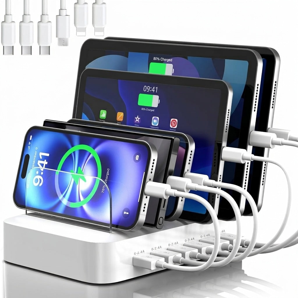 AOIZGMY  6 Port USB Charging Station Organizer Set White Includes 6 Short Mixed Cables 7 Removable Dividers Fits iPhone iPad Android Tablets