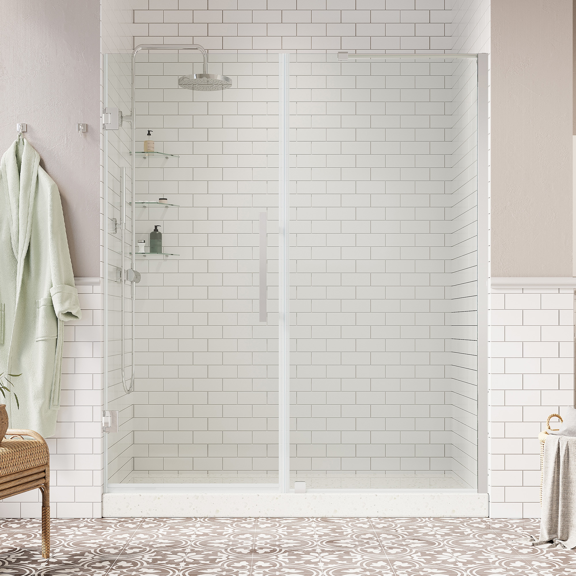 OVE Decors 828796063579 Tampa-Pro Polished chrome 57-3/16-in to 58-3/8-in W x 72-Inches H Frameless Pivot Shower door 5/16-in Thick Clear Glass