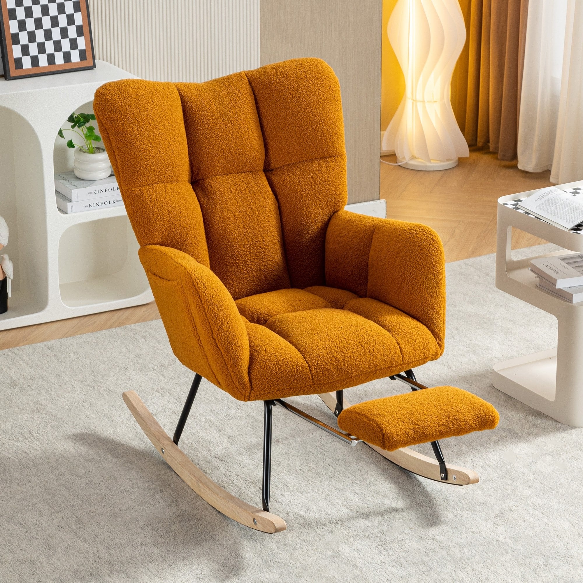 Horizons Prime 37 to 49 inch Caramel Teddy Fabric Leisure Rocking Chair with Adjustable Footstool and High Backrest