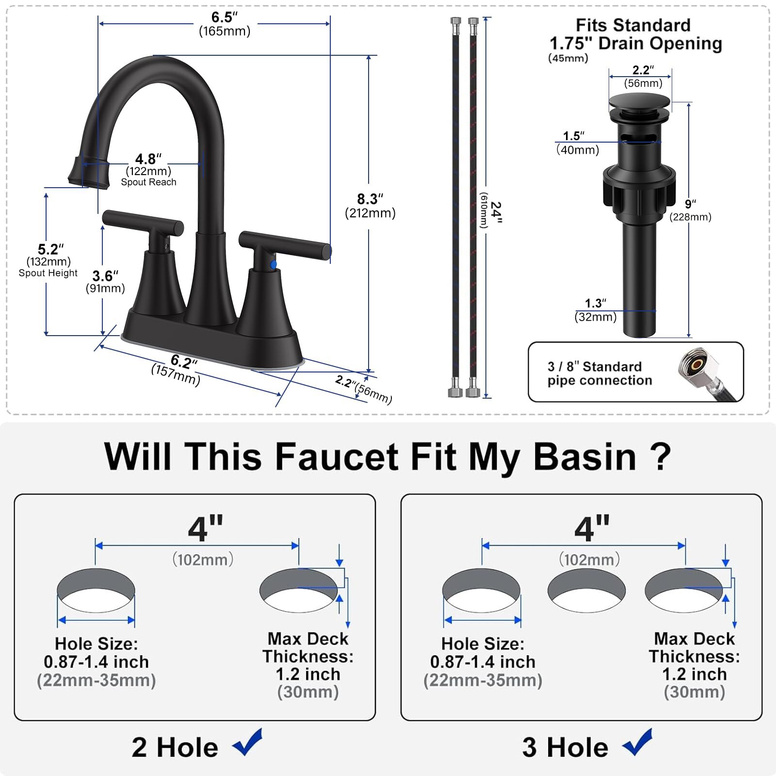 DYRCJ Bathroom Faucets for Sink 3 Hole Matte Black Centerset Faucet Pop ...