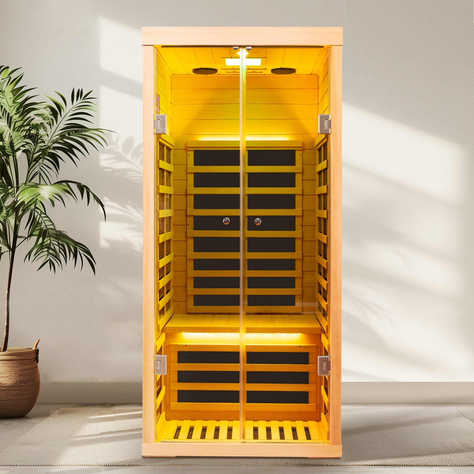Lirago Wooden Sauna Cabin Low Emf One Person Wide Space Hemlock Double Doors Great Glass Luxury Indoor Far Infrared Sauna Room