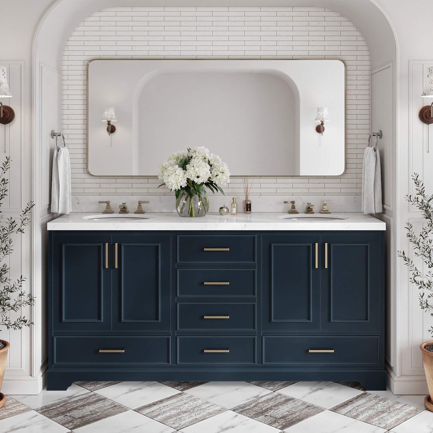 ARIEL M072DCQOVOMNB Stafford 72-in Midnight Blue Undermount Double Sink Bathroom Vanity with Carrara White Quartz Quartz Top