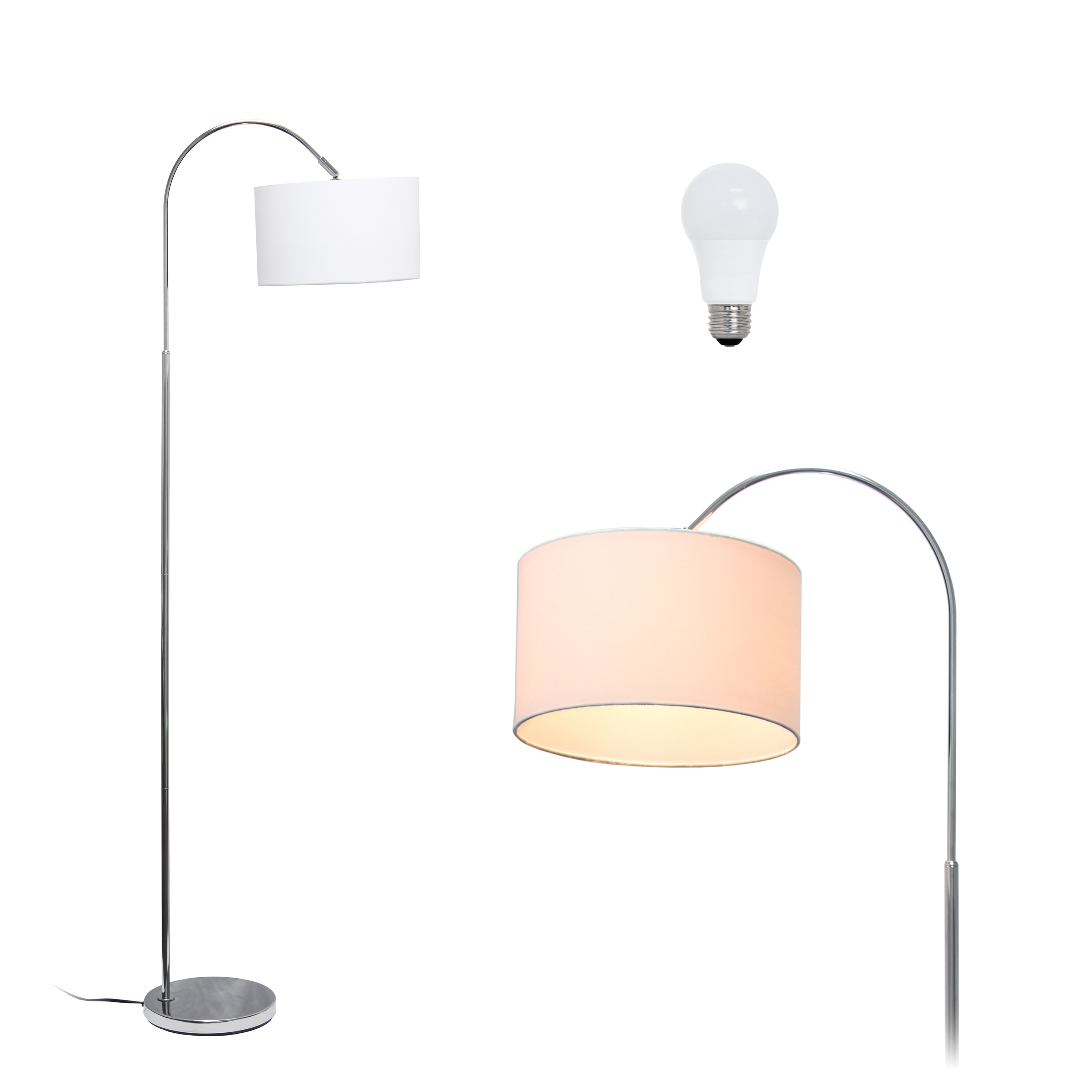 Simple Designs LF2005-WHT-LB 66-in Brushed Nickel/White Shade Standard Floor Lamp with Fabric Shade