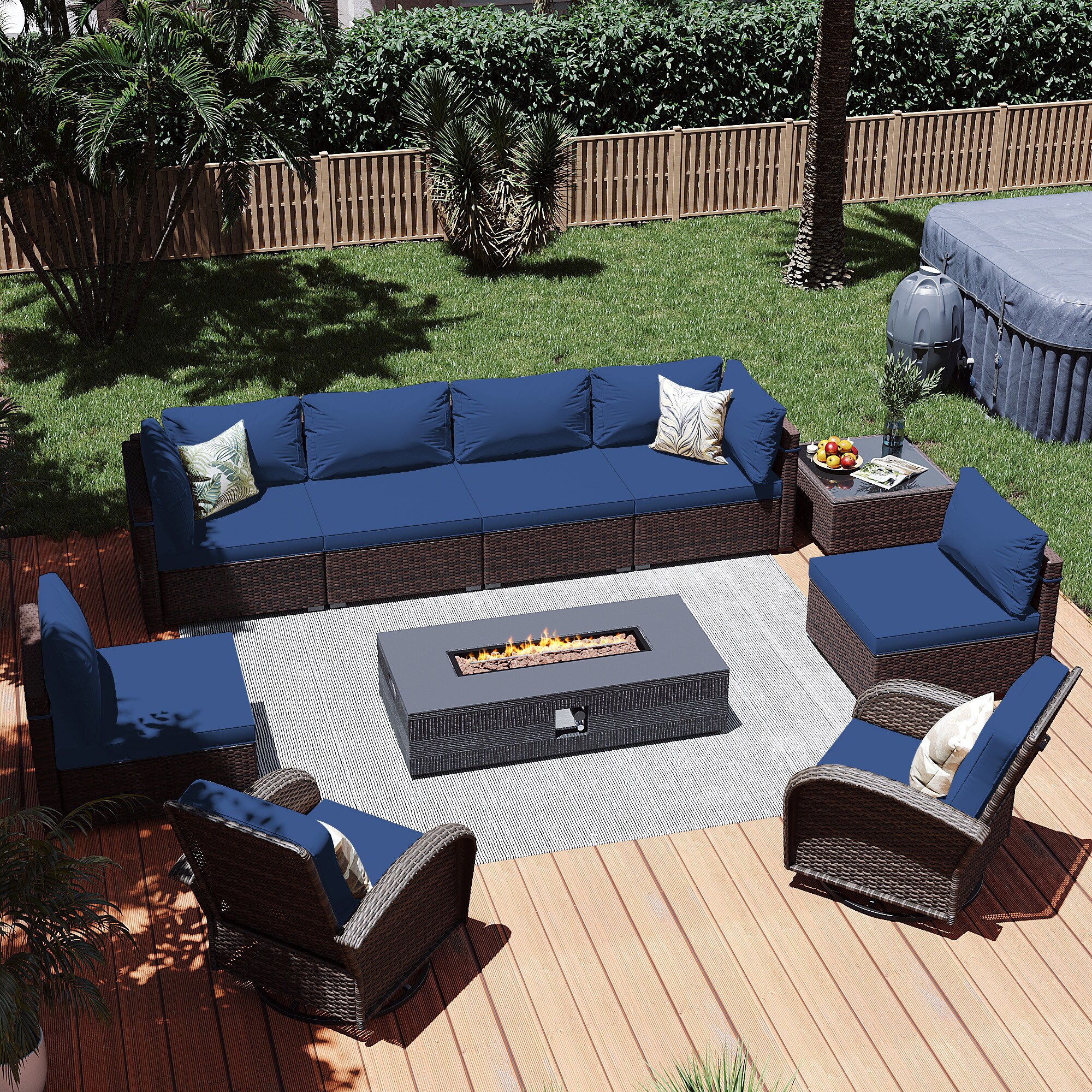 Patio Watcher LS-RT7Y11-56SWDK-B2 10 -Piece Rattan Patio Conversation Set with Blue Cushions