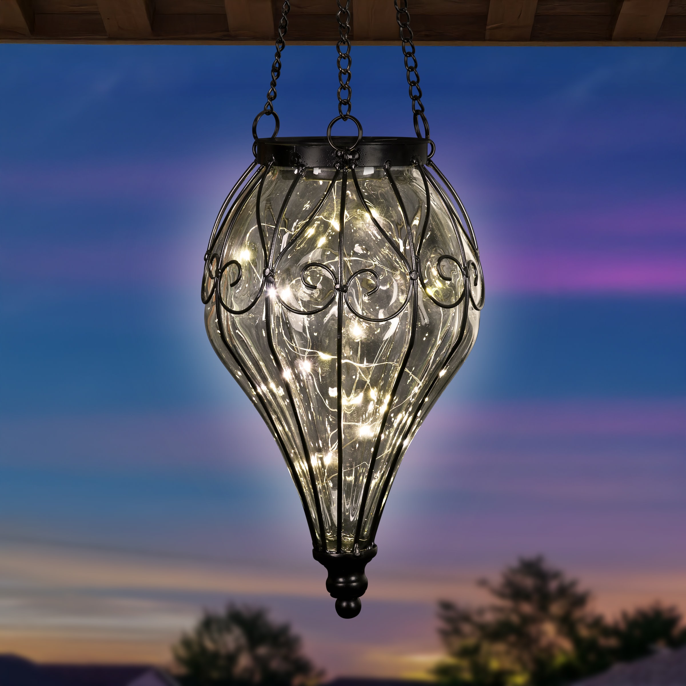 Elegant Clear Glass Solar Hanging Lantern with LED Lights