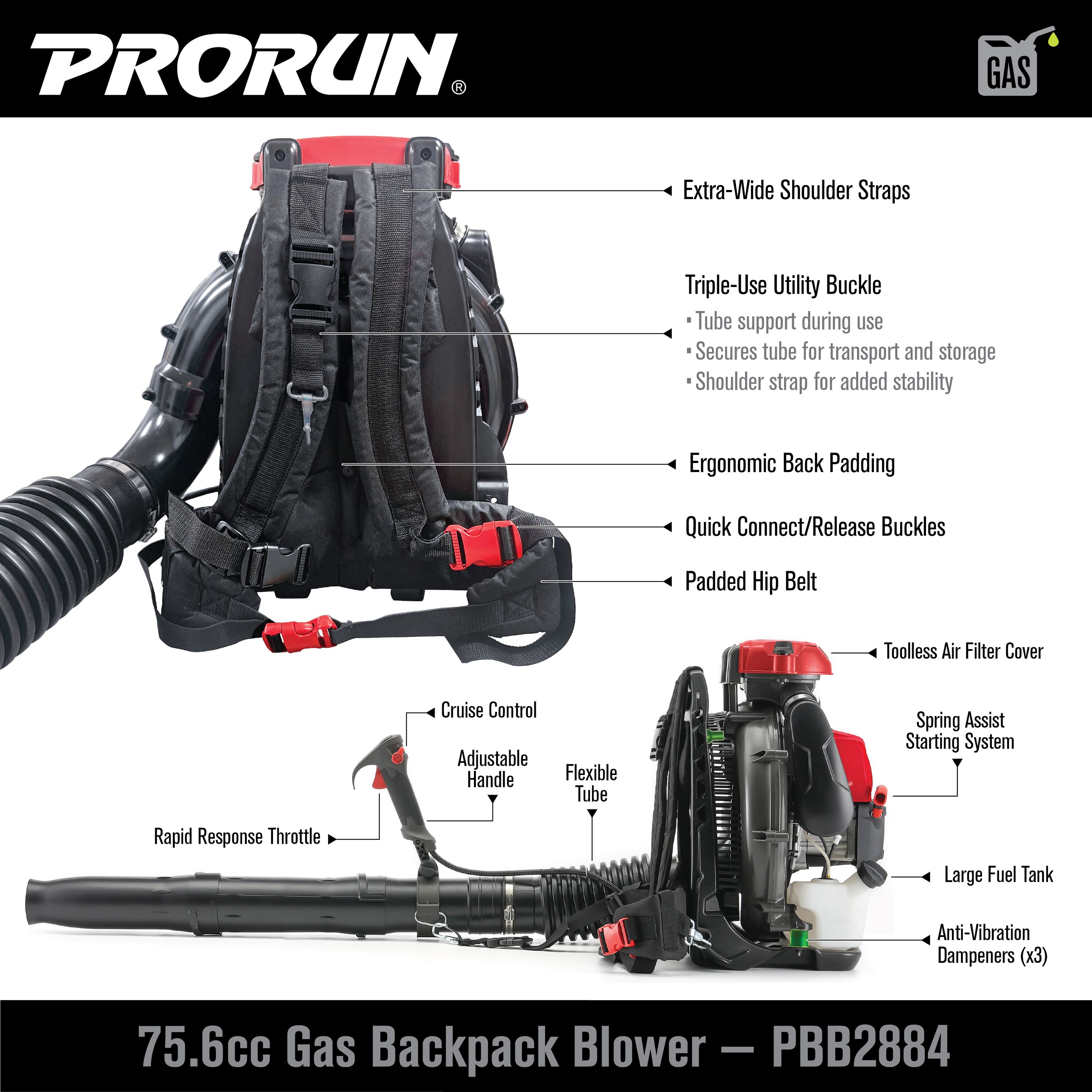 PRORUN PBB2884 75.6-cc 2-cycle 1020-CFM 240-MPH Gas Backpack Leaf Blower PBB2884 Sansujyuku sansujyuku.com