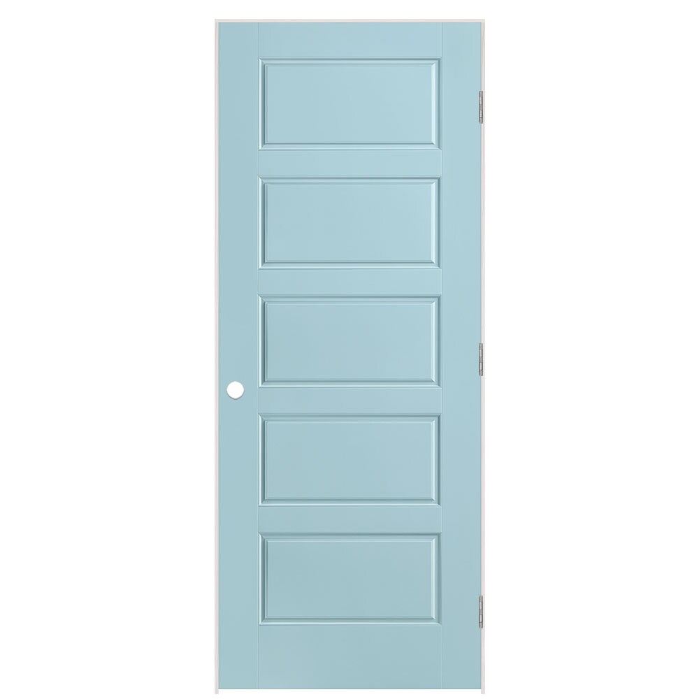 Masonite 1444665 32-in x 80-in Sea Mist Solid core 5-panel equal Left hand Smooth Prefinished Molded composite Flat Jamb Single Prehung Interior Door