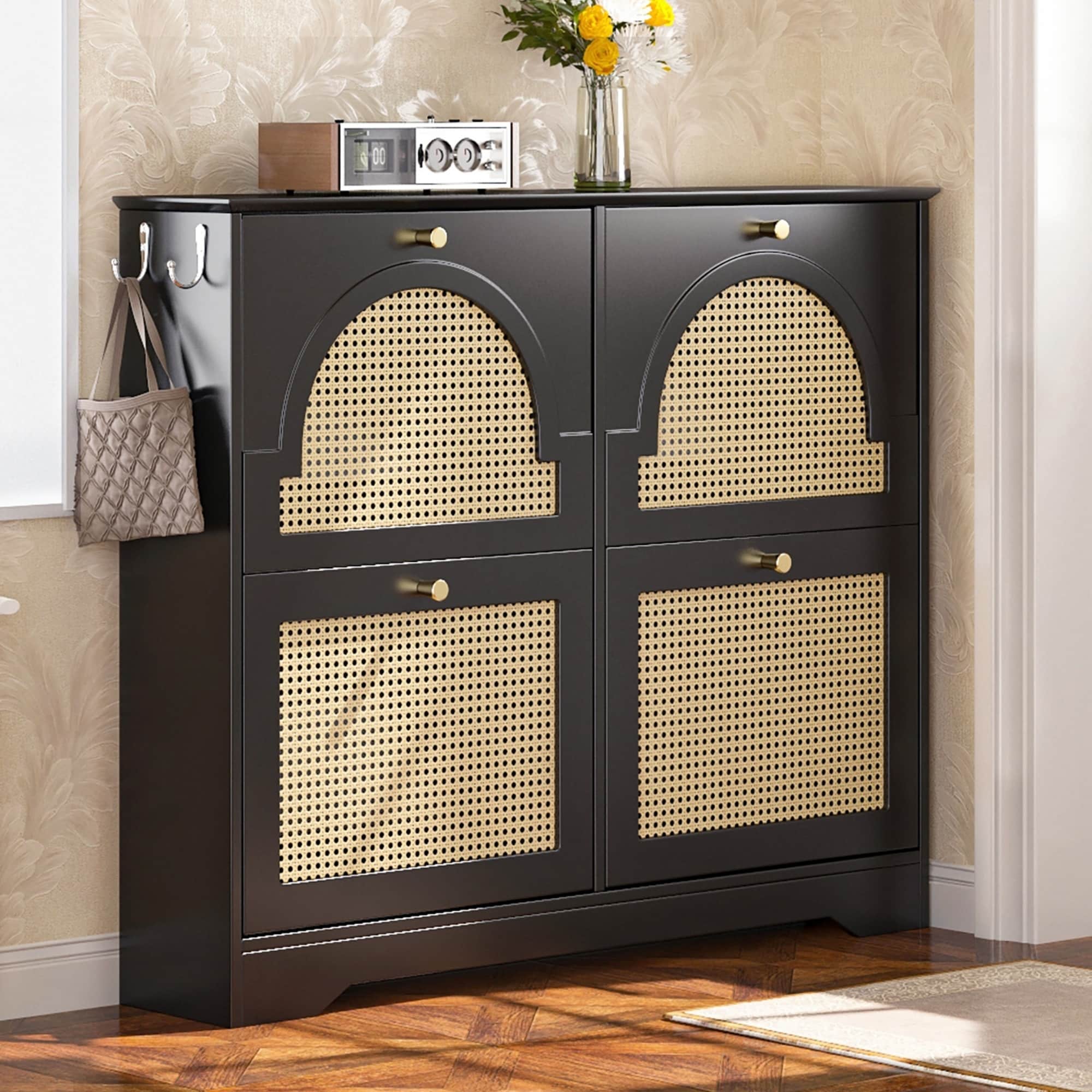 HyperDrop Cart 42.1-in W Black Rattan and Wood Shoe Cabinet with 4 Flip Drawers Mid-Century Narrow Entryway Organizer