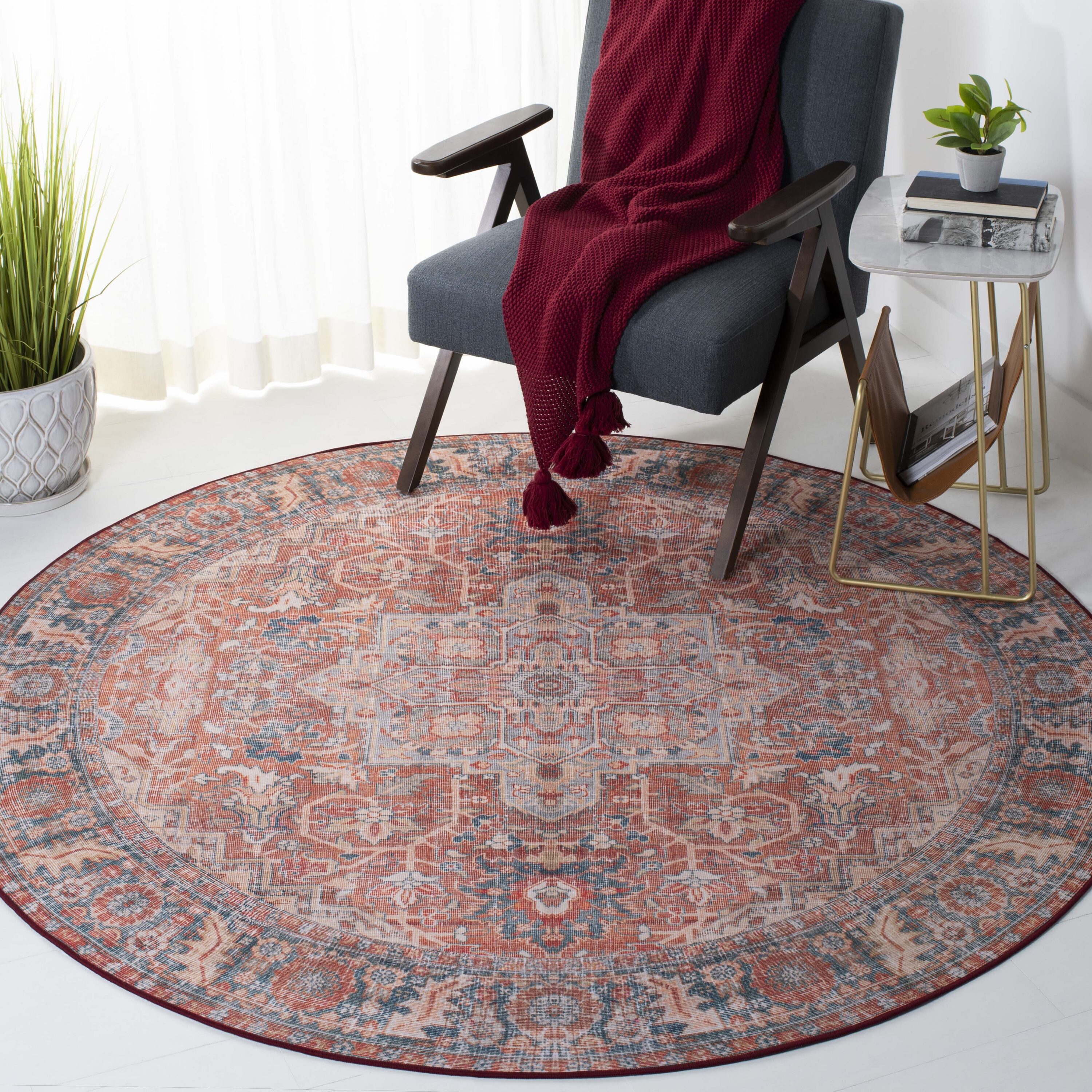 Safavieh TSN168P-6R Tucson 6 x 6 (ft) Loomed Polyester Rust/Navy Round Indoor Border Machine washable Area rug