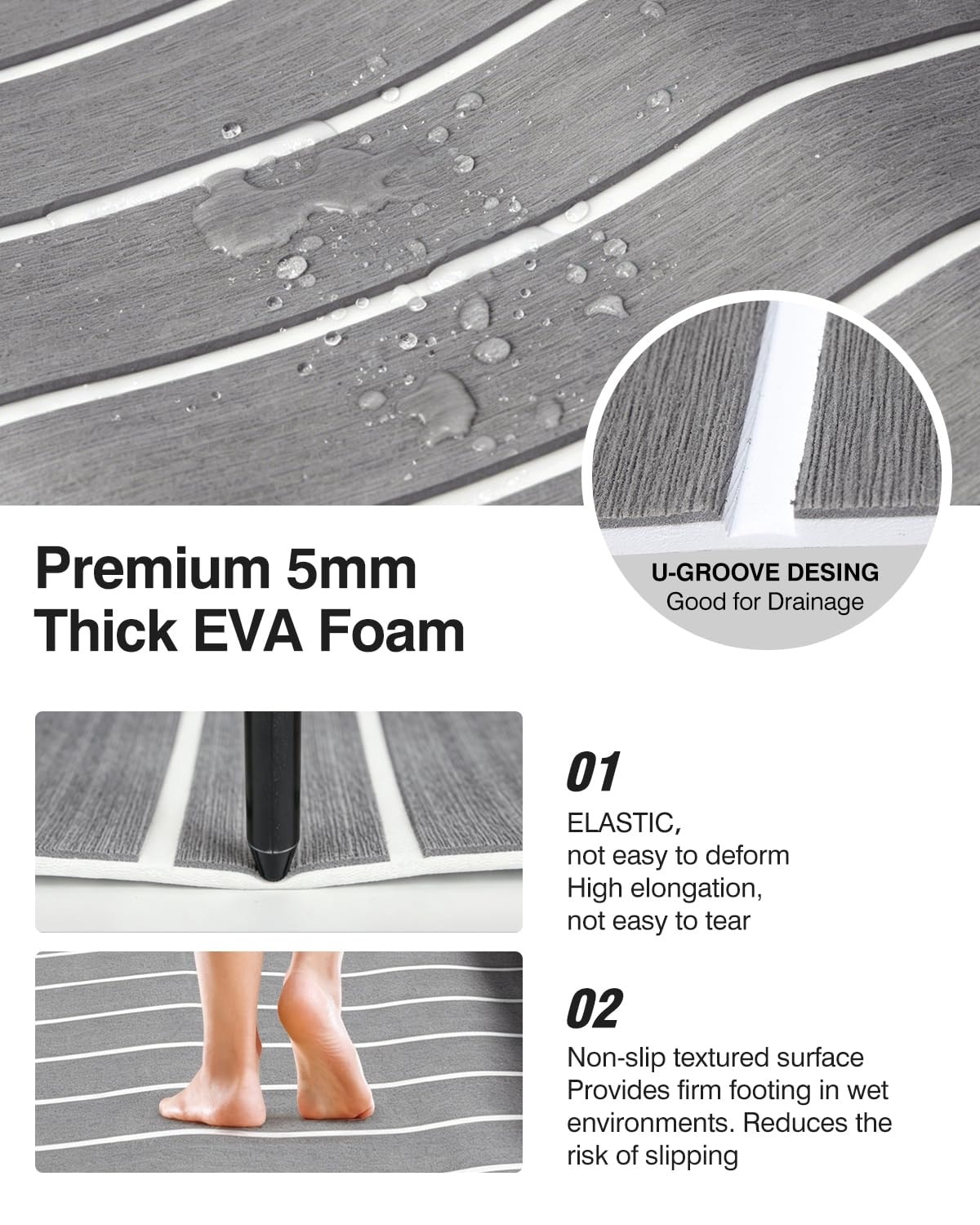 Etokfoks  EVA Foam Non Slip Marine Decking Sheet Self Adhesive Waterproof Boat Flooring Mat Grey 94 5x31 5 in