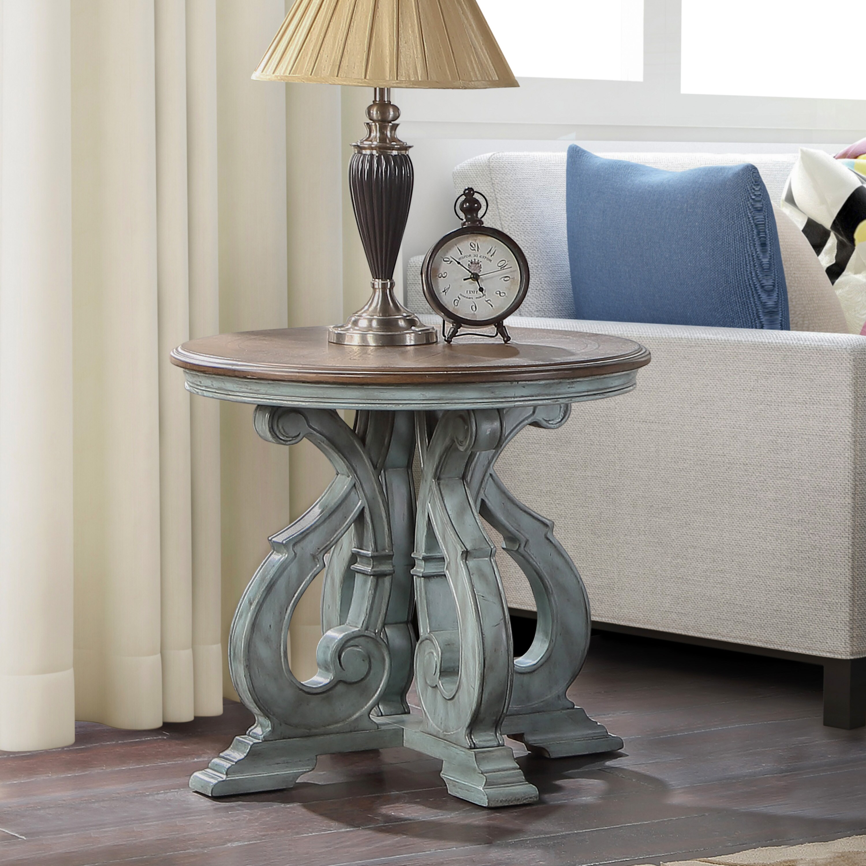 Furniture of America IDF-4663BL-E Kibriti 27-Inches W x 25-Inches H Oak and Antique Blue Wood Round Casual End Table Assembly Required