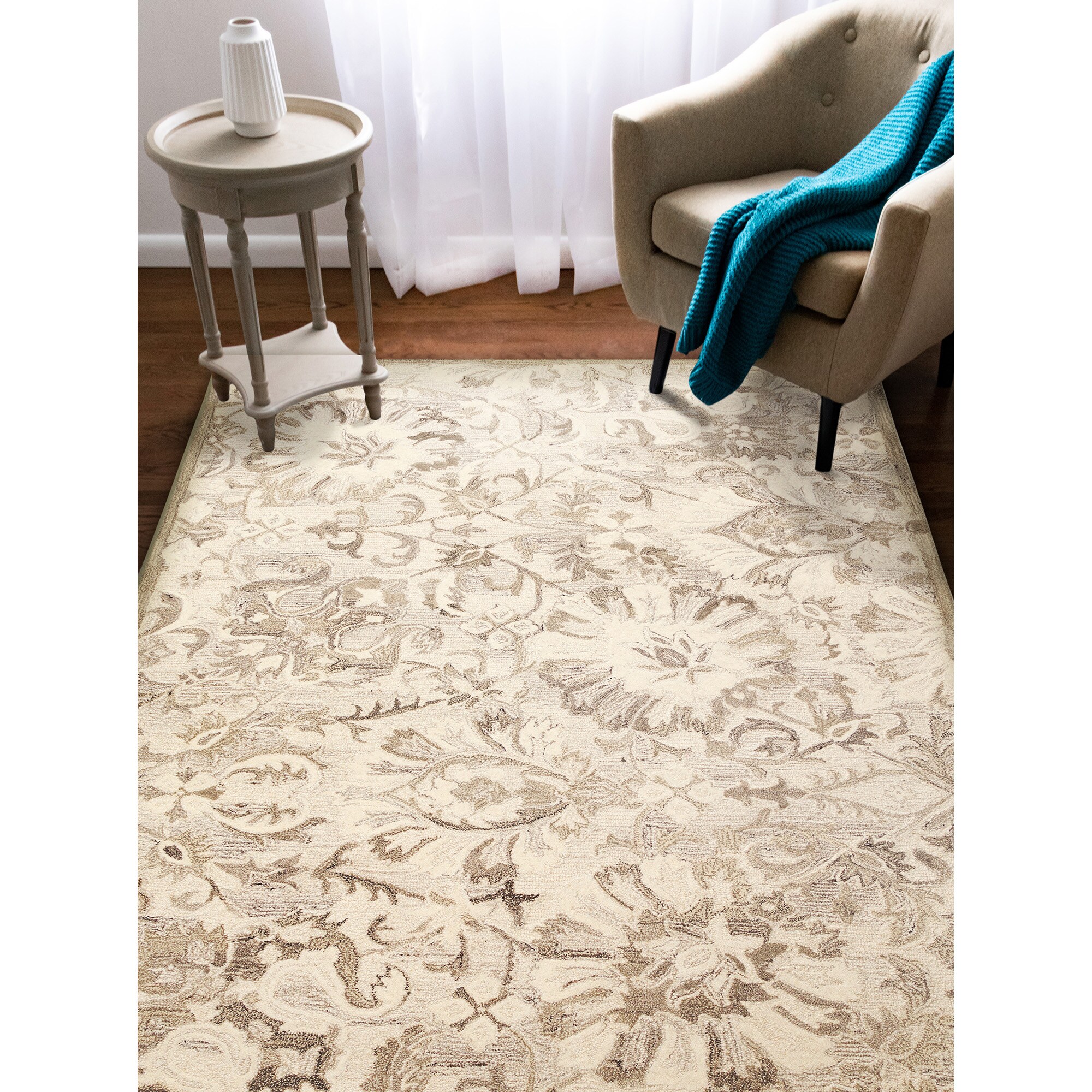 Liora Manne HNA46621512 Hana 4 x 6 (ft) Tufted Wool Natural Rectangular Indoor Floral/Botanical Mid-Century Modern Area rug
