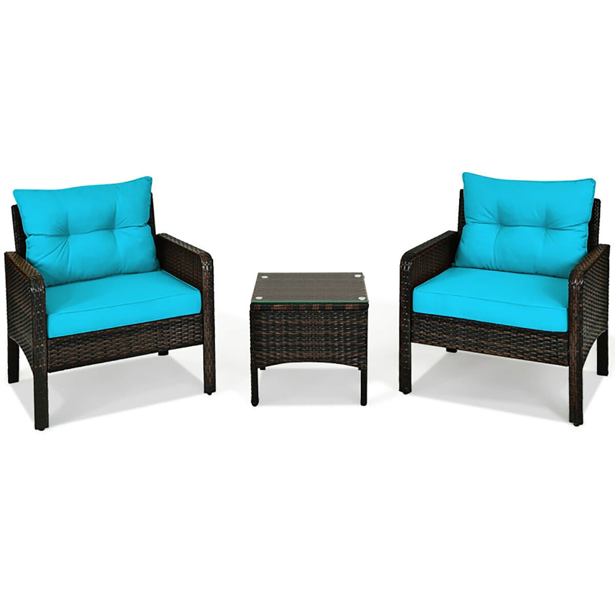 CASAINC CEW-HZ012BLDB13 Outdoor Furniture Sets 3 -Piece Rattan Patio Conversation Set with Blue Cushions