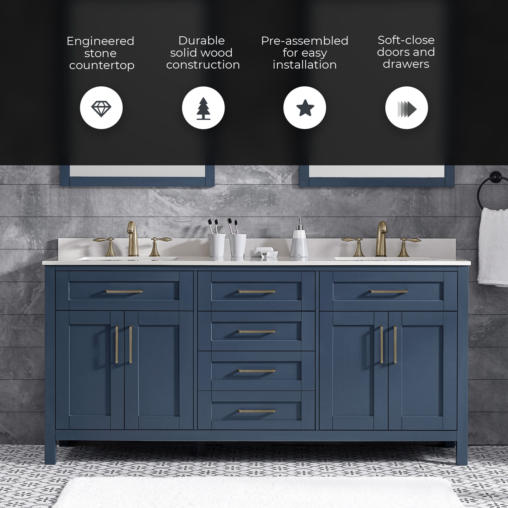 Tahoe 72" Midnight Blue Double Bathroom Vanity with Brass Hardware