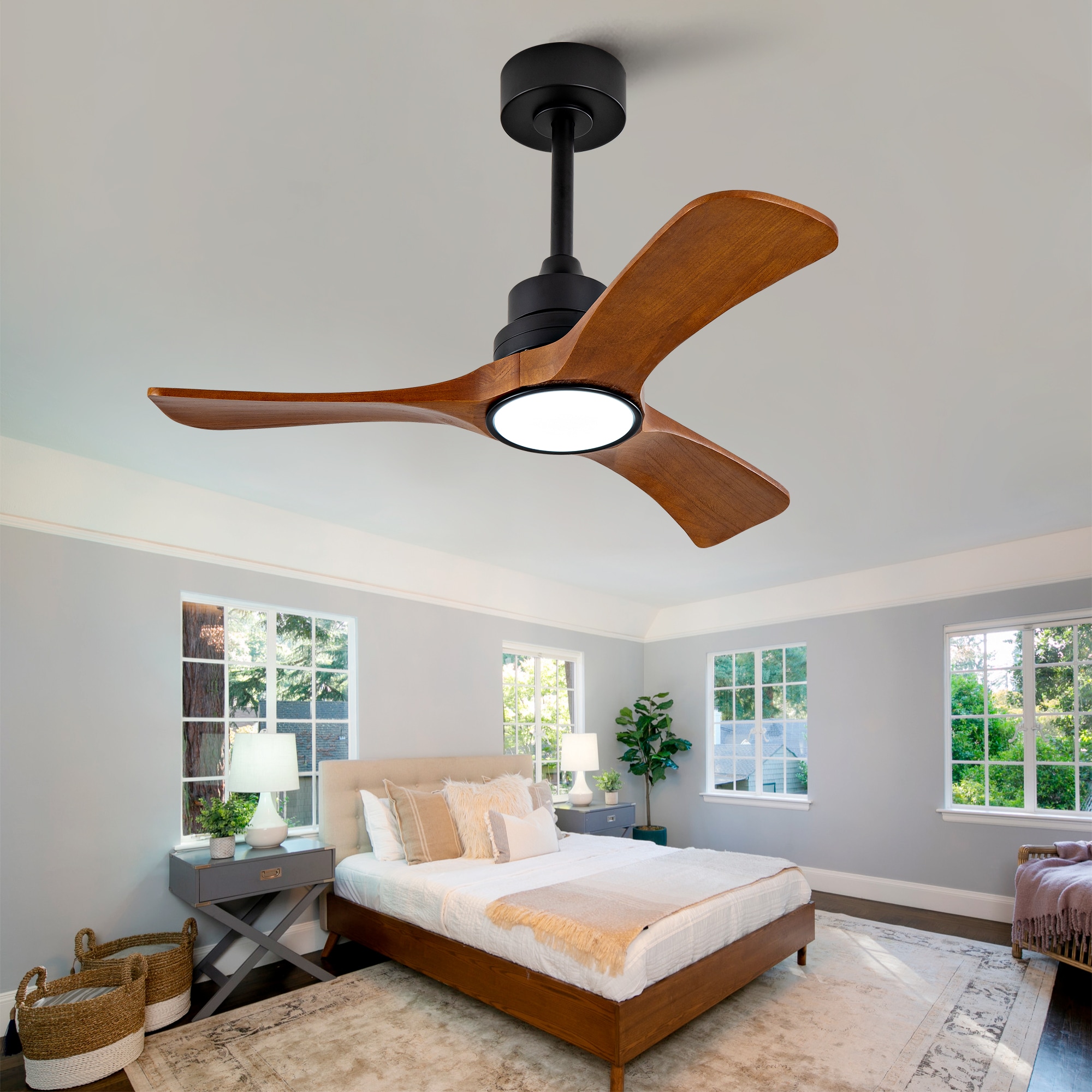 JUSHUA New 36-inch Ceiling Fan Light with 6-Speed Remote Control Black Three-Blade Reversible Wooden Fan Blades DC Motor Ideal