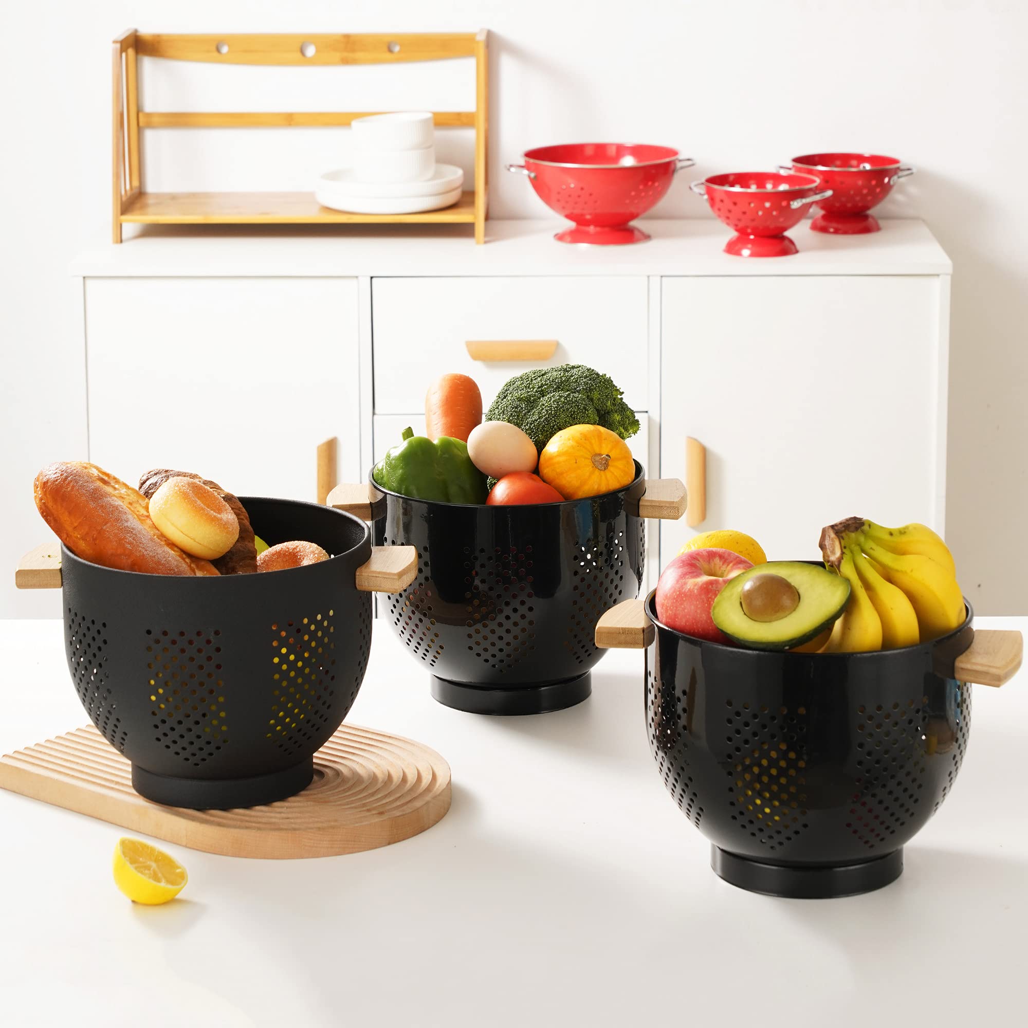 DHMHD Metal Colander with Wood Handle and Stable Base Powder Coated ...