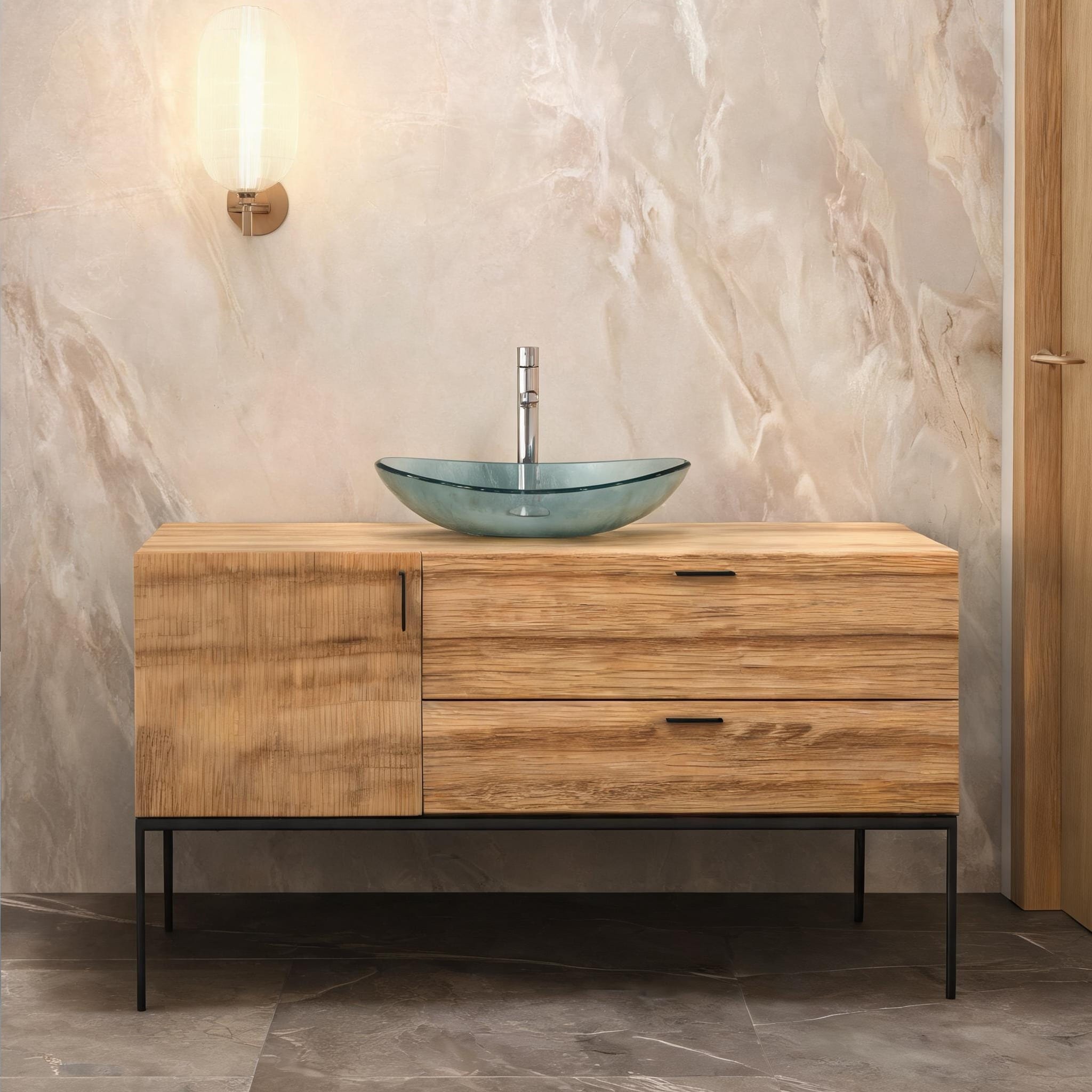 Naturefalls - Tempered Glass Vessel Bathroom Sink in Polished Silver with Pop-Up Drain Boat Shape...