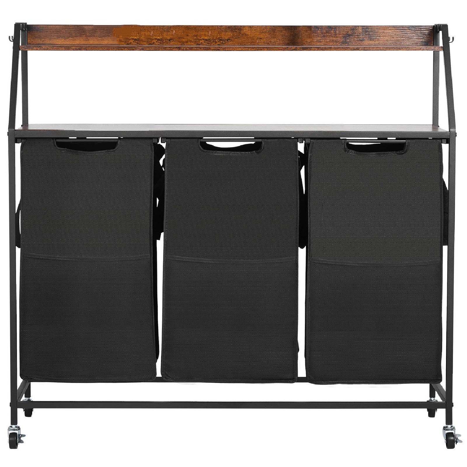 Slickblue Laundry Hampers and Baskets 3 Unit Black Fabric Carbon Steel 3 Compartment Sorter with Lockable Wheels 2 Tier Storage Shelves and Hooks