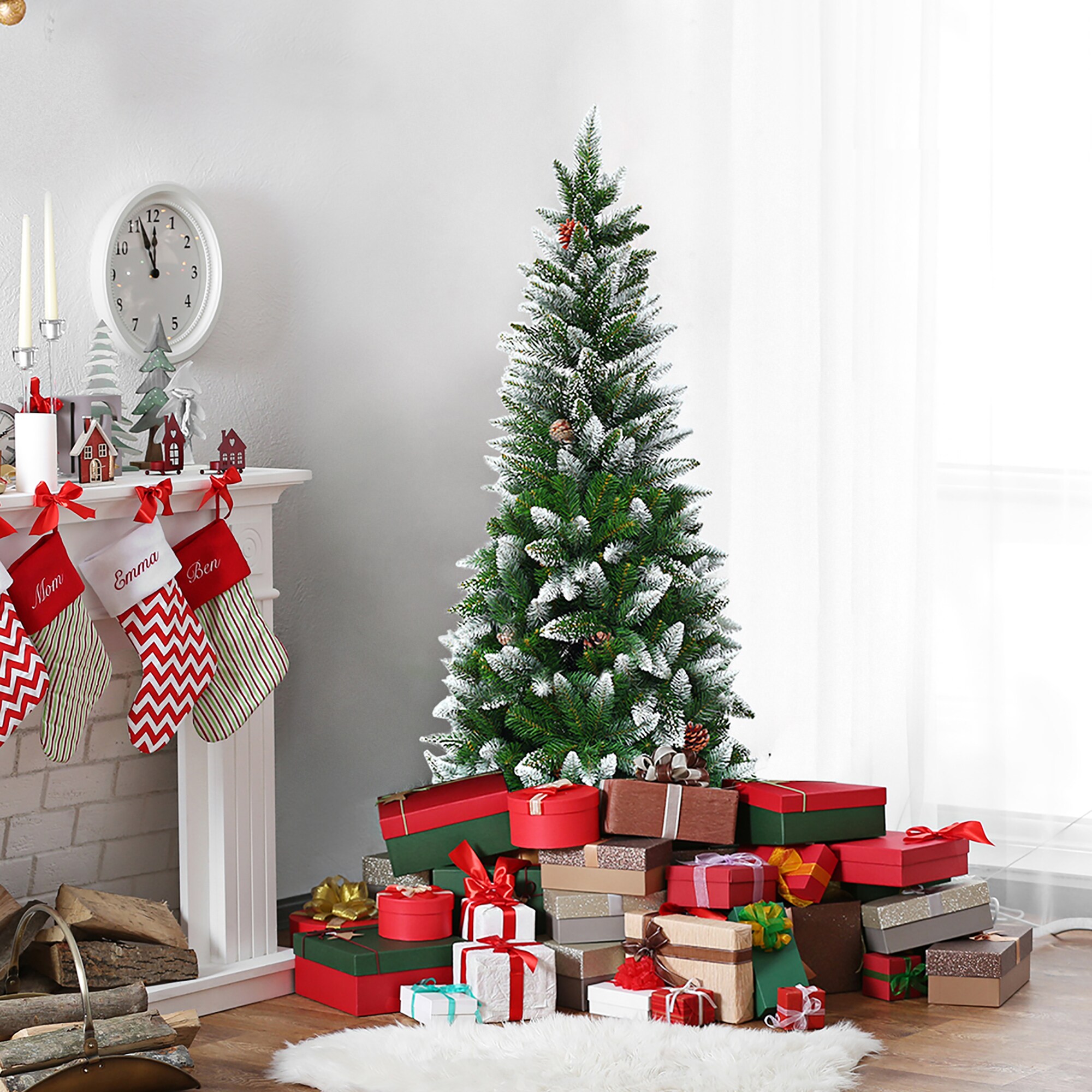 5ft Green and White Snow Flocked Pencil Christmas Tree with Pine Cones