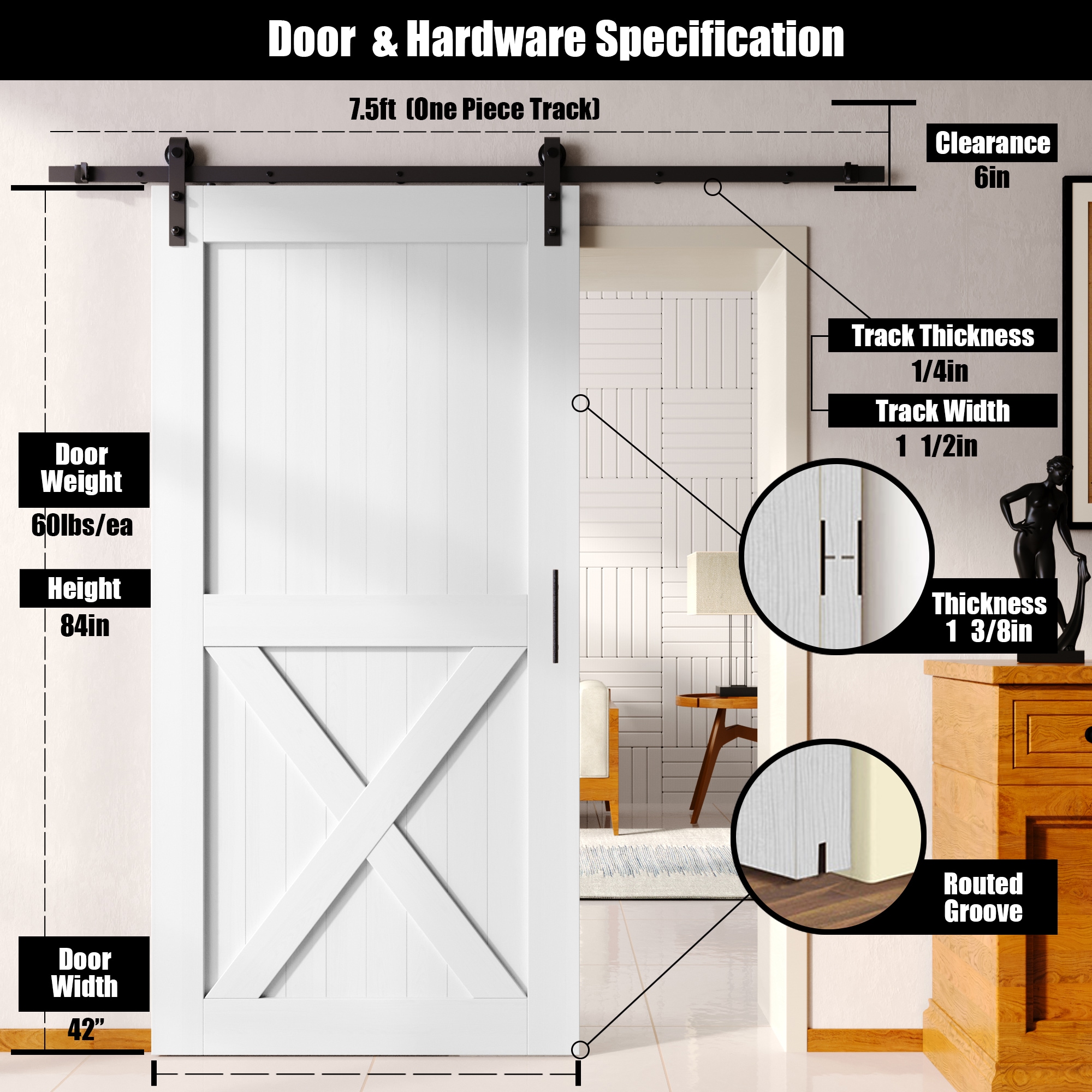 HOMACER YT1TGH090C-4284-X-WH Barn-Doors - View #2
