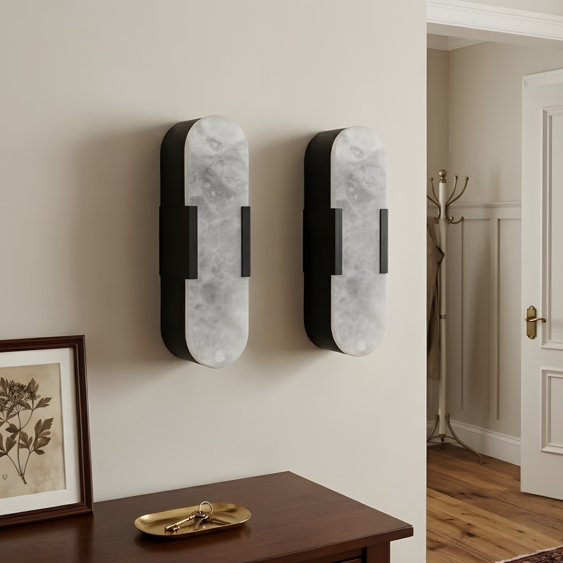 RCCFBHM 13.8-in Natural Alabaster Wall Sconce Set of 2 Black LED Marble Wall Lights 3 Color Temperature Modern Luxury Vanity Lighting