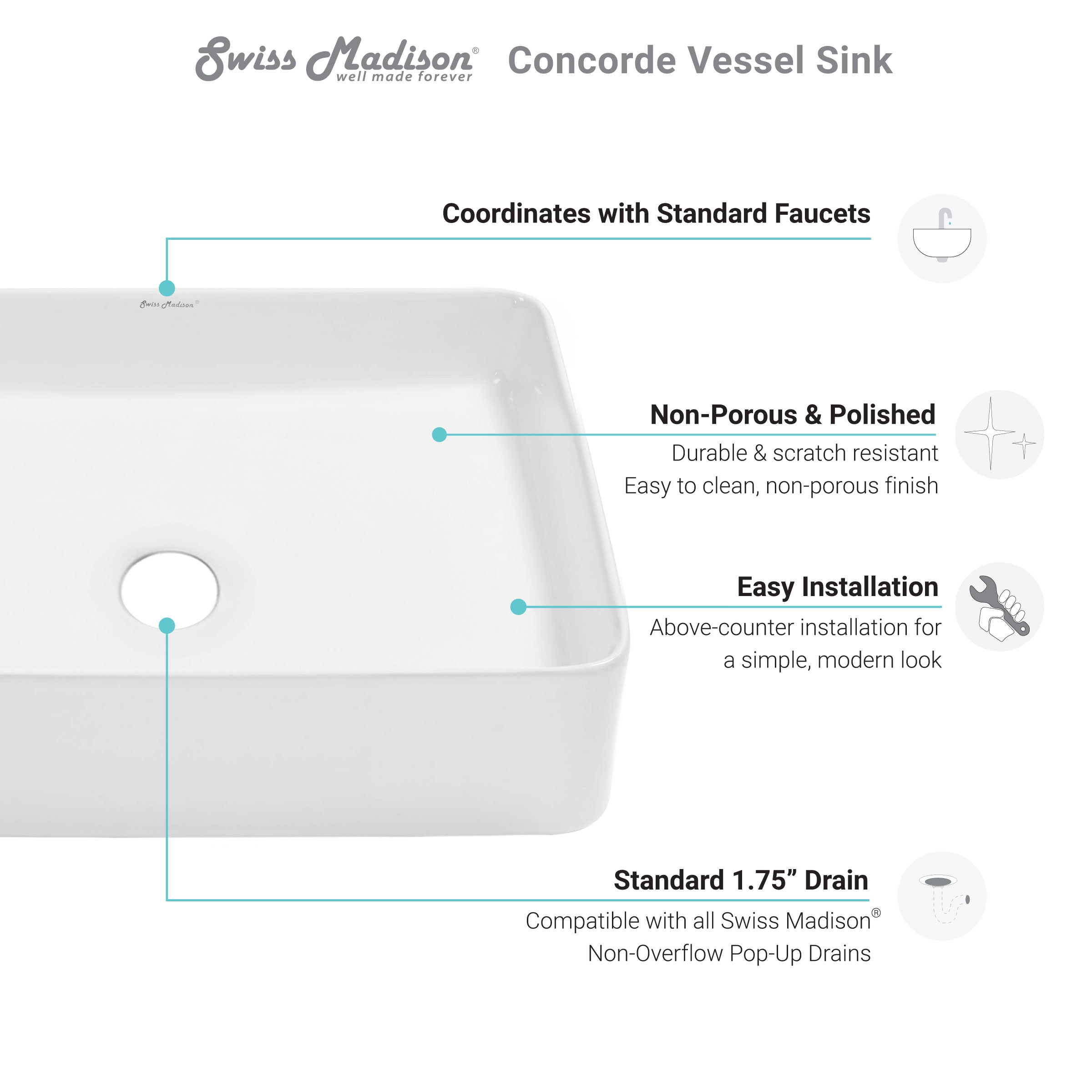 Glossy White Ceramic Rectangular Above-Counter Vessel Sink