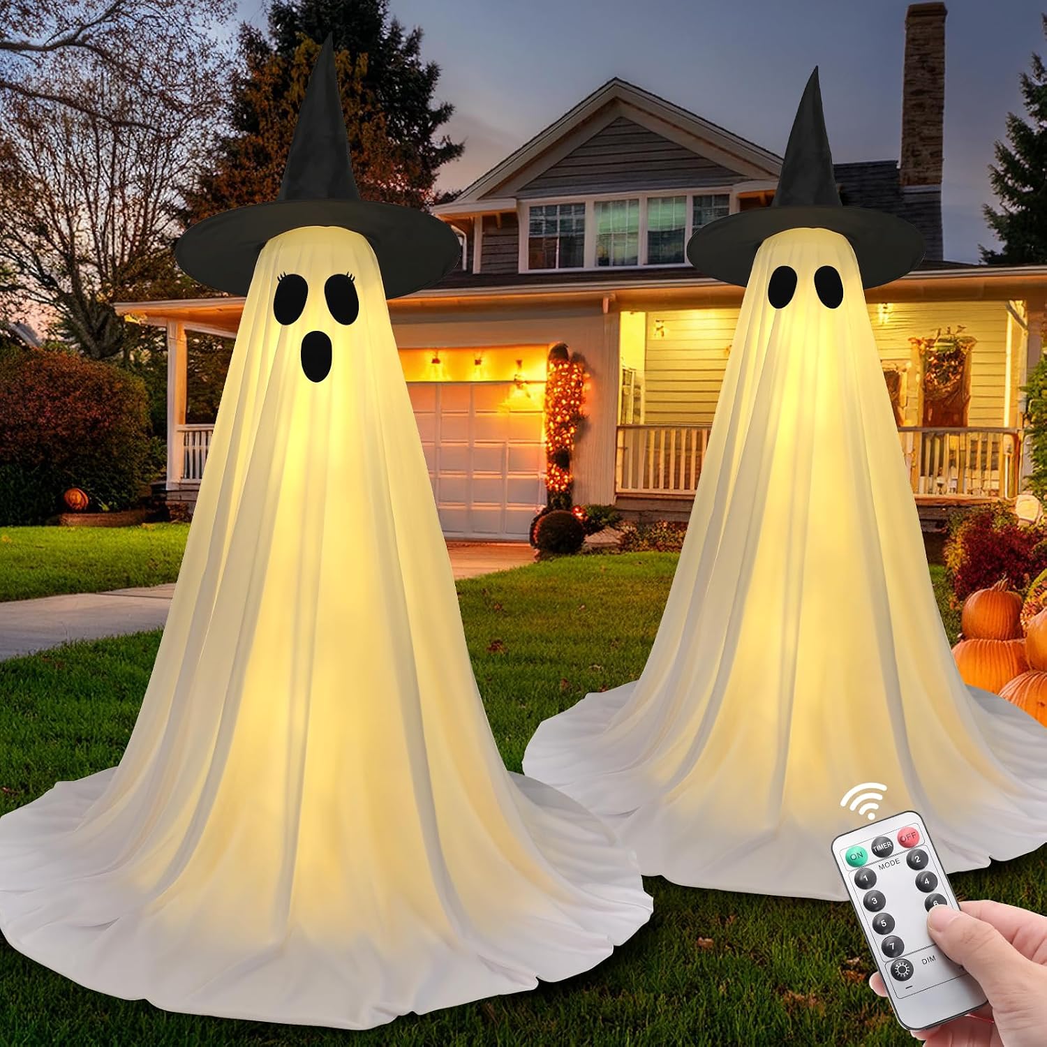 UMEELR 59-In Lighted Halloween Ghost Decorations 2-Pack with Remote Control 8 Lighting Modes 6-Hour Timer DIY Face Stickers Outdoor Yard Porch Garden Stake Decor