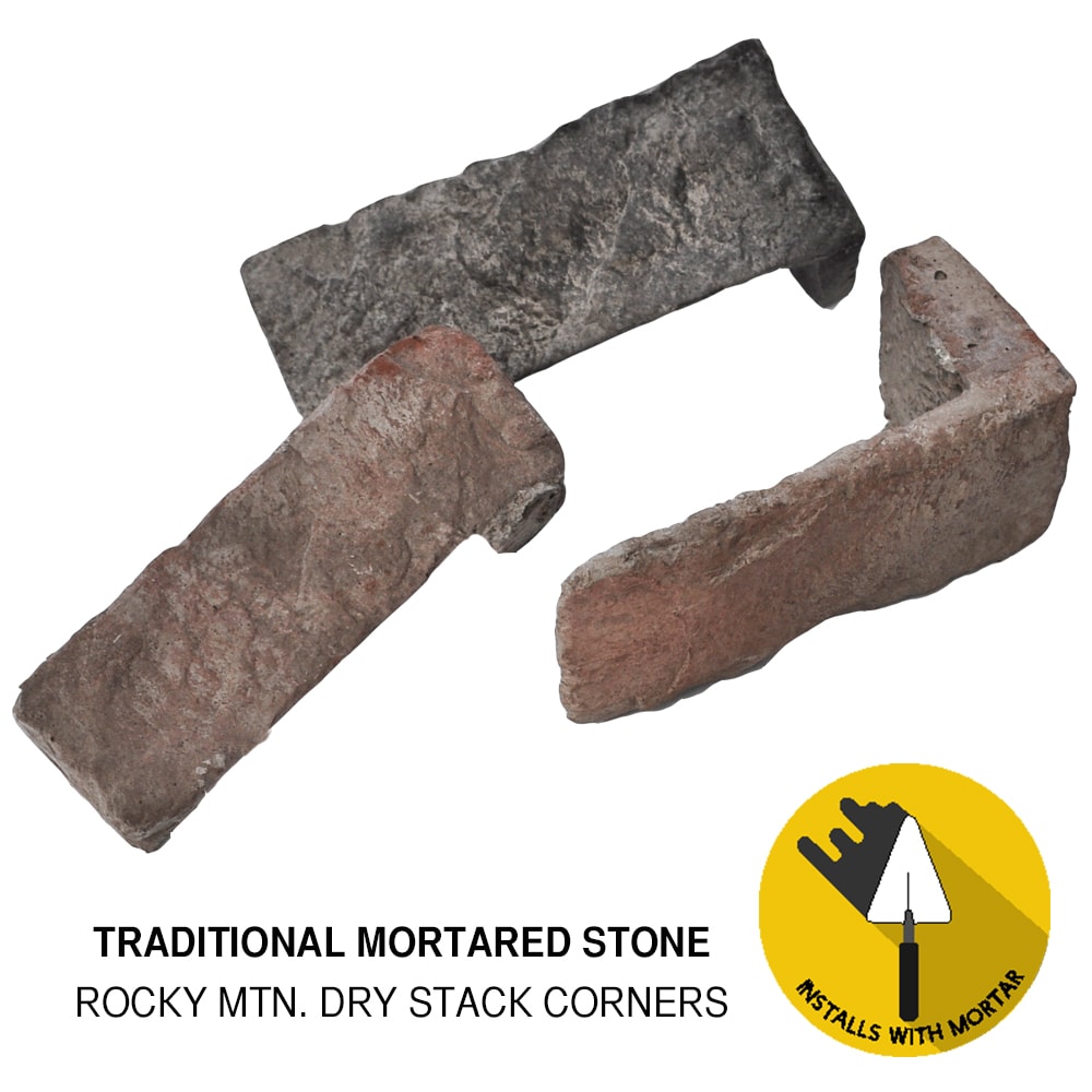 M-Rock ROCKYCORNERS Rocky Mount Dry Stack 6 Linear feet Brown base with brown, grey, black, tan, maroon, and neutral stones Stone veneer