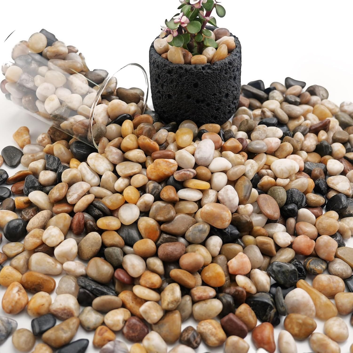 FANTIAN 6 lb Natural Polished River Rocks 3/8 to 5/8 Inch Mixed Pebbles for Landscaping Vase Fillers Aquariums Succulents Bonsai Bird Baths and Drainage