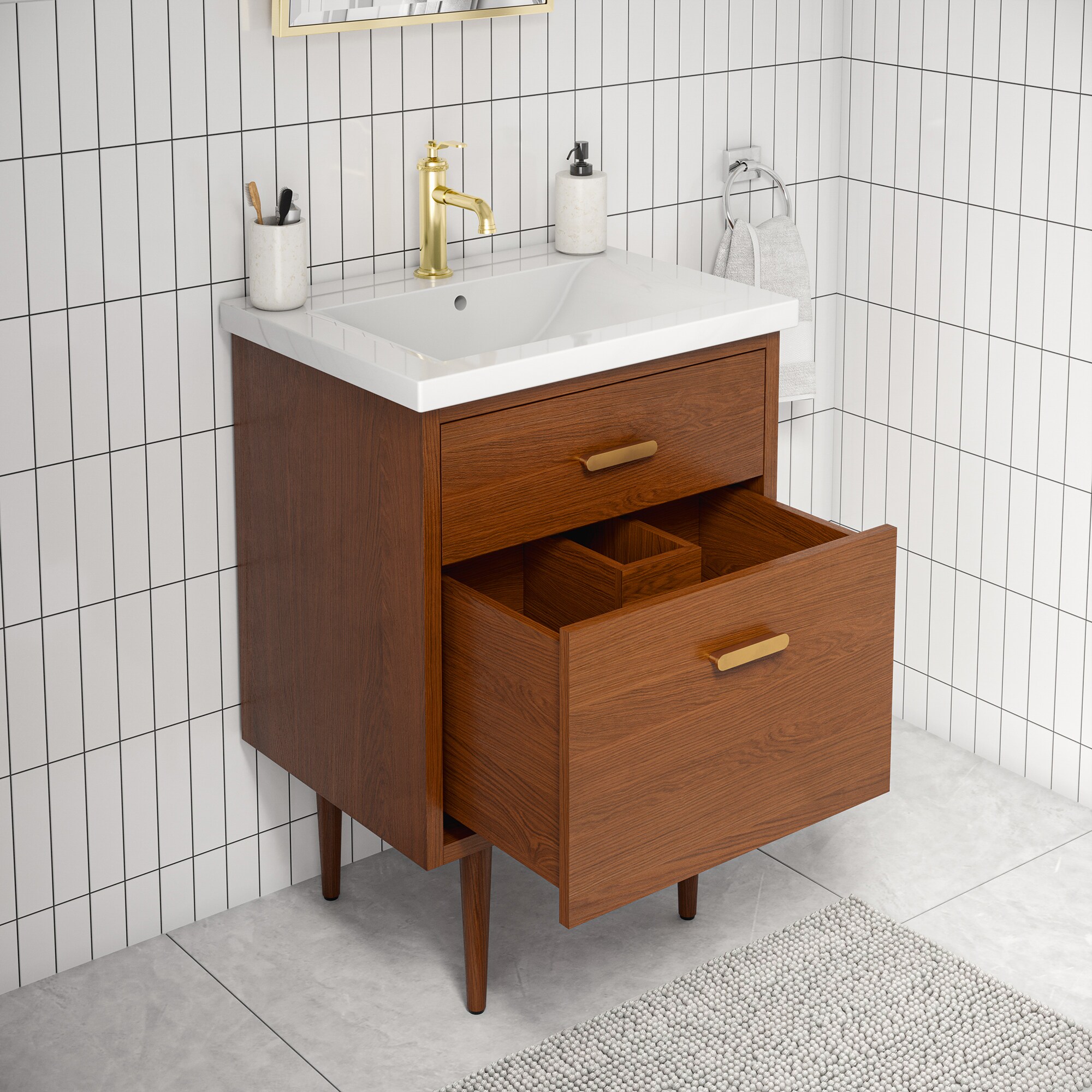 Honey Walnut 30" Freestanding Vanity with Integrated Ceramic Sink