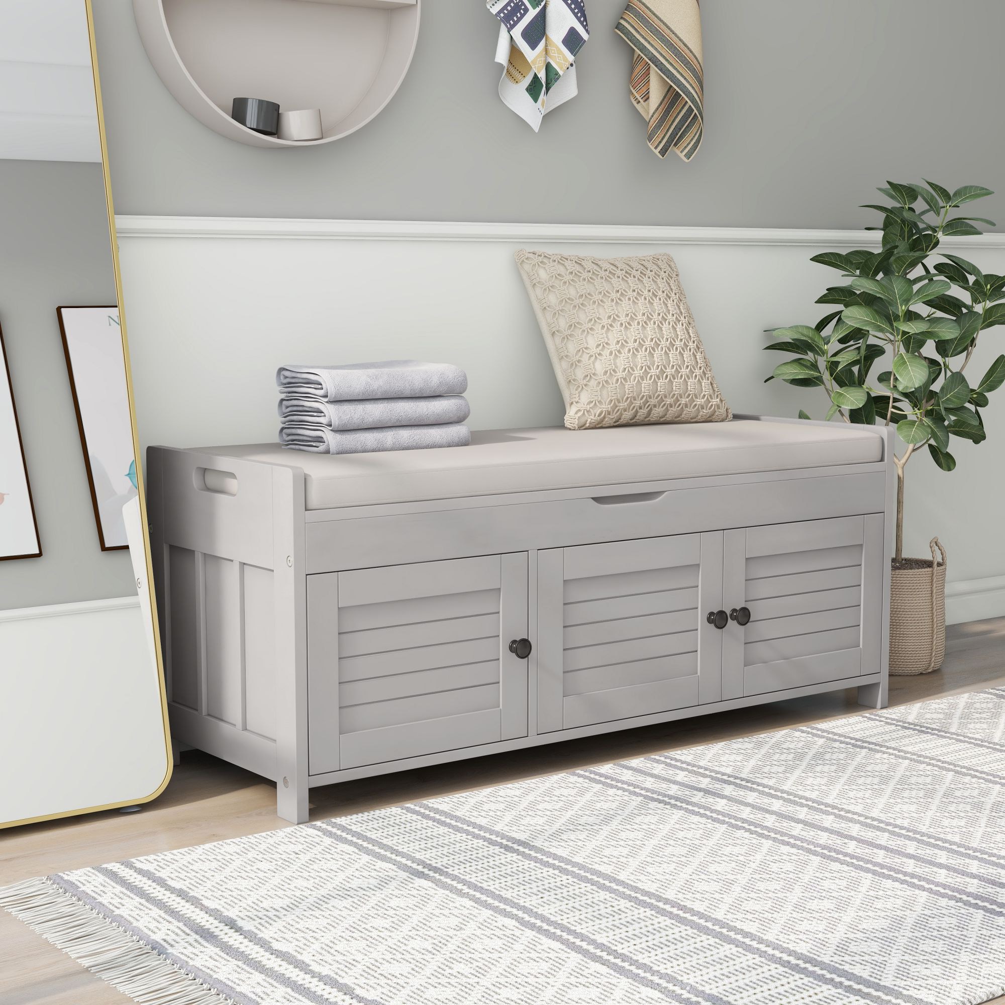 ModernLuxe WF310529AAE Storage Bench with 3 Shuttershaped Doors Shoe Bench with Removable Cushion and Hidden Storage Space Gray Wash