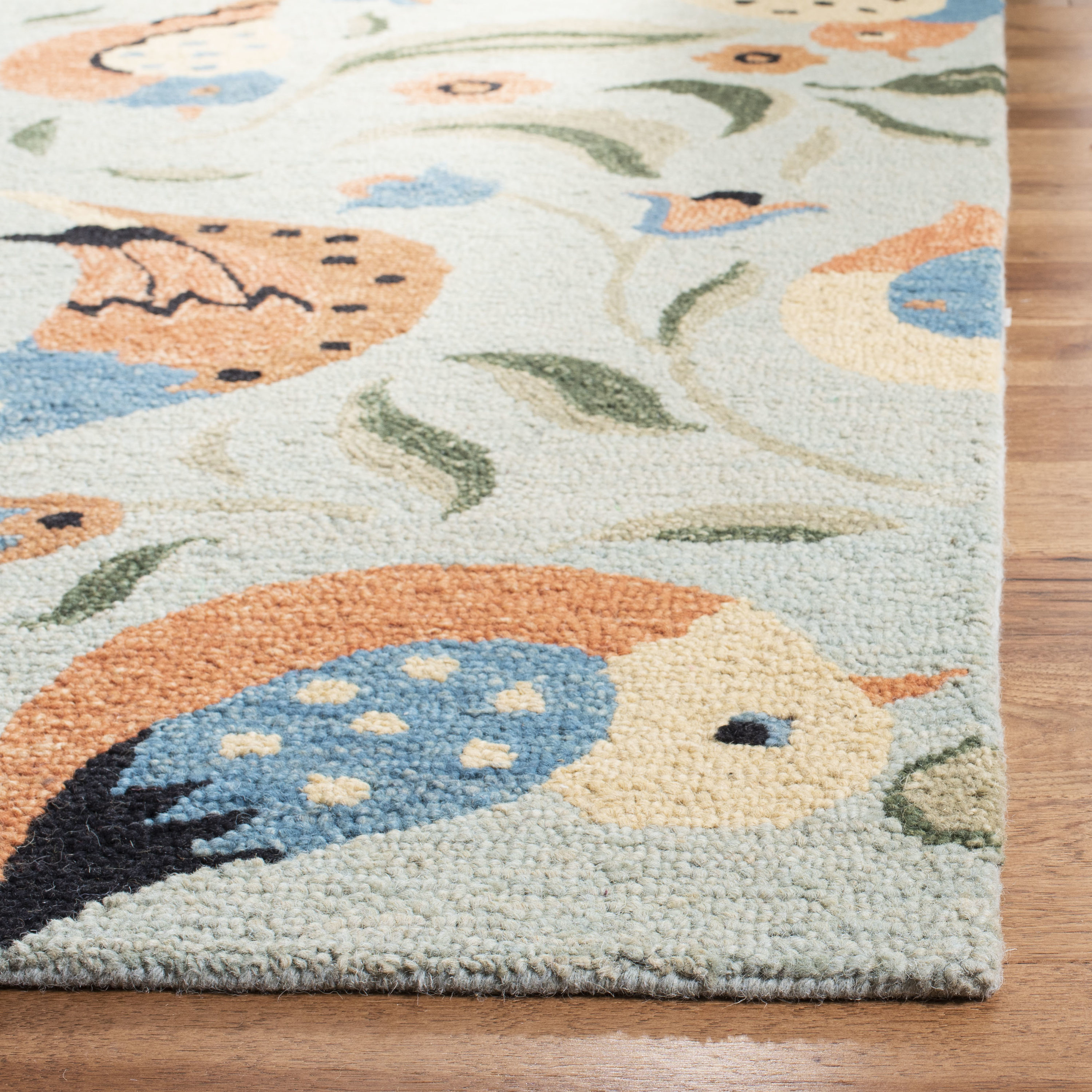 Hand-Knotted Blue Floral Wool Reversible Rug, 30" x 10"
